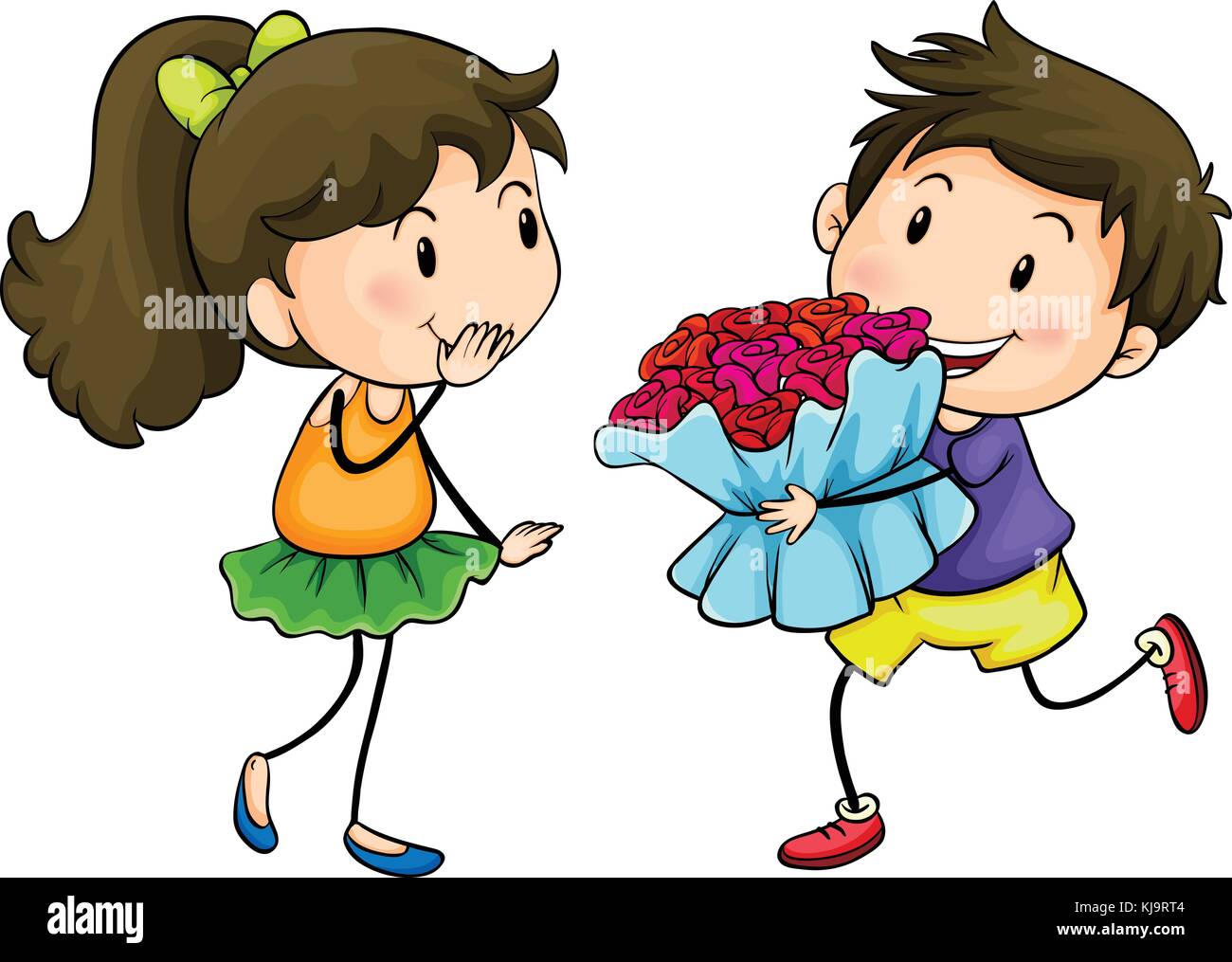 Ilustración de un niño dando a su novia un ramo de flores sobre un ...