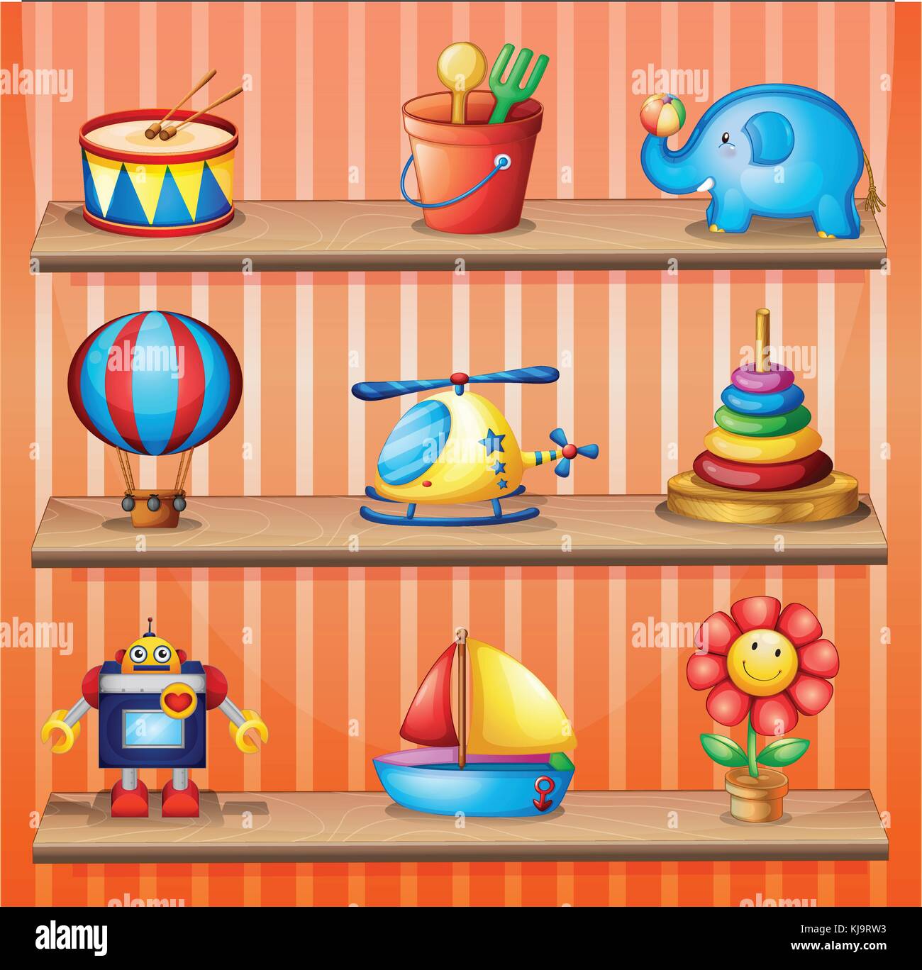 Ilustración de las colecciones de juguete que están correctamente ordenados  en los estantes de madera Imagen Vector de stock - Alamy