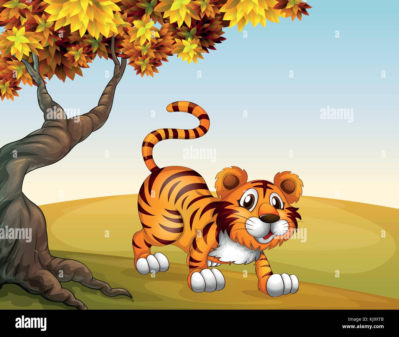 Ilustración de un tigre en una posición de salto cerca del árbol grande Ilustración del Vector