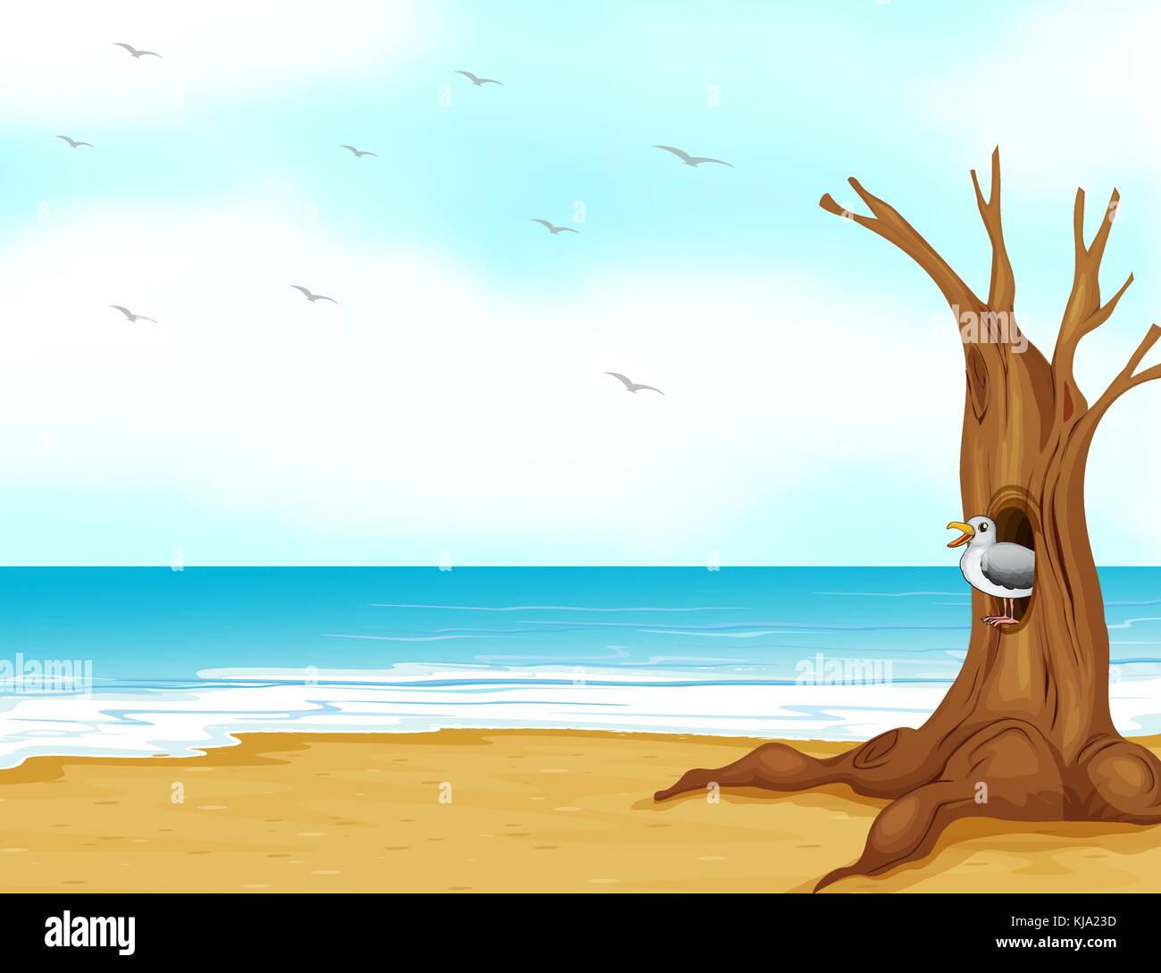 Ilustración de un ave en el interior del hueco del árbol en la orilla del mar Ilustración del Vector