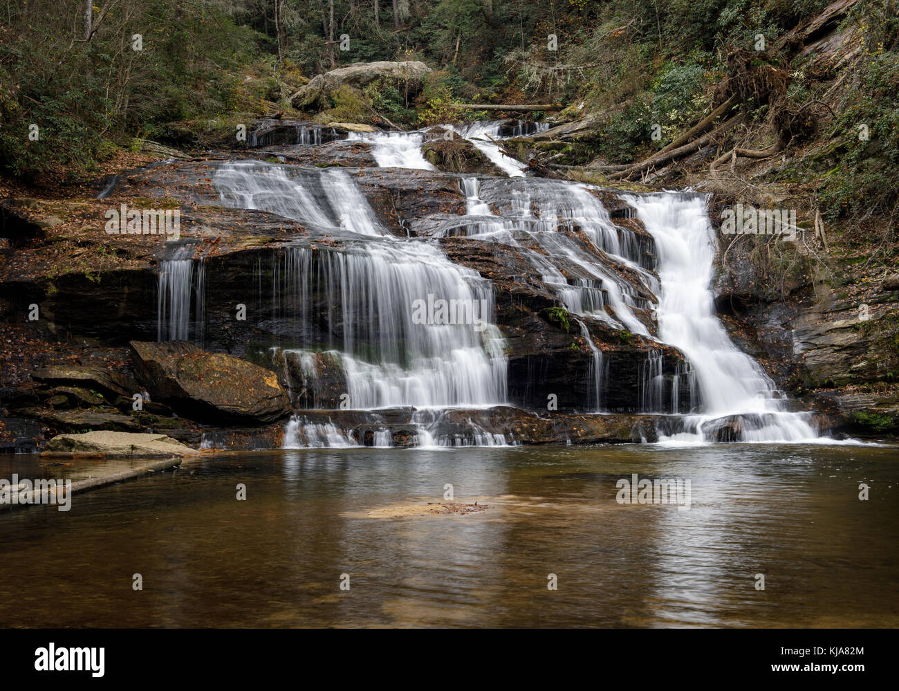 Panther Creek Falls es uno de los más grandes así como más hermosas cascadas en el norte de Georgia. Son aproximadamente 50 pies de alto, pero son probablemente 80-100 pies de ancho. El acceso a las cataratas es más fácil desde el extremo oeste de la ruta de la pantera Creek trail, ubicado en el Panther Creek de la histórica zona de picnic 441 cerca de turnerville, Georgia. La caminata es de más de 3 millas y generalmente sigue gran pantera arroyo corriente abajo de las cataratas. gran pantera Creek es un afluente del río tallulah en el norte de Georgia. el Riachuelo Corre generallyeast sureste desde sus cabeceras en la paloma al remolcador de montaña Foto de stock