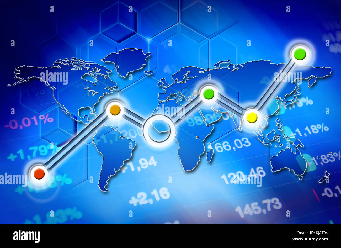 Concepto de crecimiento de la economía: Resumen gráfico creciente, mano con marcas de lápiz punto gráfico. economía con fondo azul y datos bursátiles mapa del mundo Foto de stock