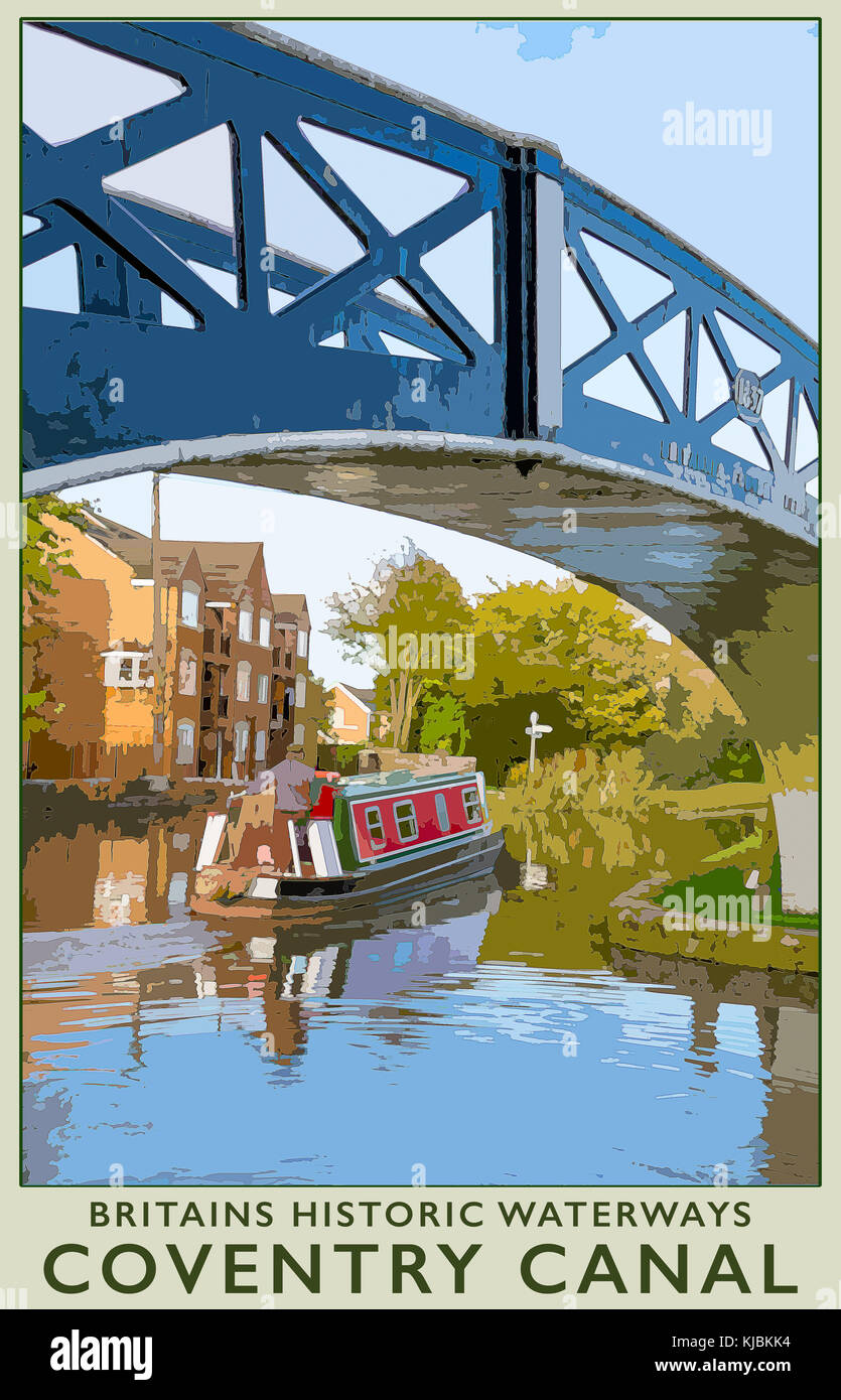 Un estilo póster interpritation de Hawkesbury Cruce o Sutton Pare en el cruce del Canal de Oxford y el Canal de Coventry. Warwickshire, Inglaterra Foto de stock