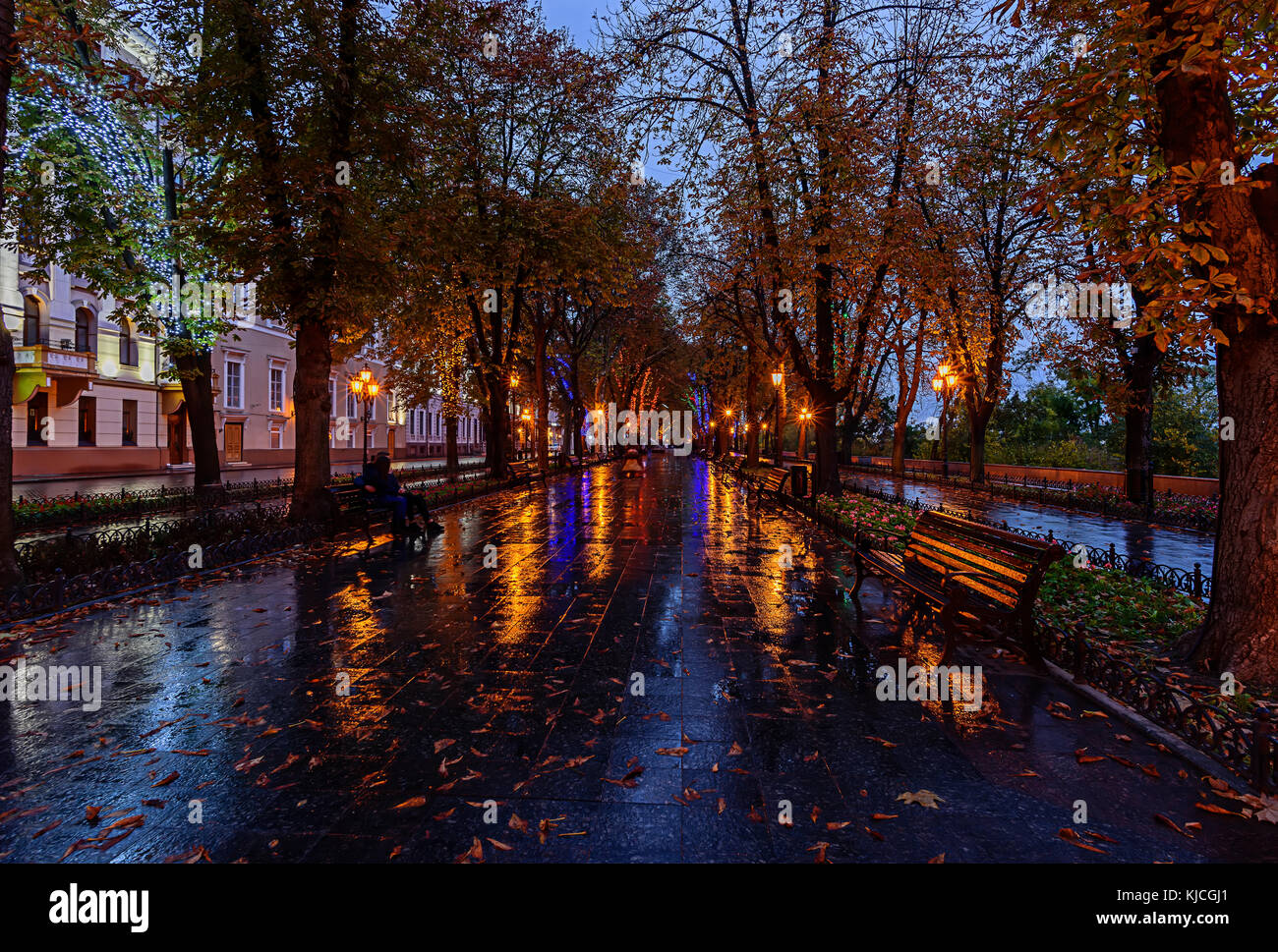 Noche de otoño en el paseo maritimo en Odessa que es una tarjeta de negocios de la ciudad. camino asfaltado y un camino está salpicado con bancos. Foto de stock