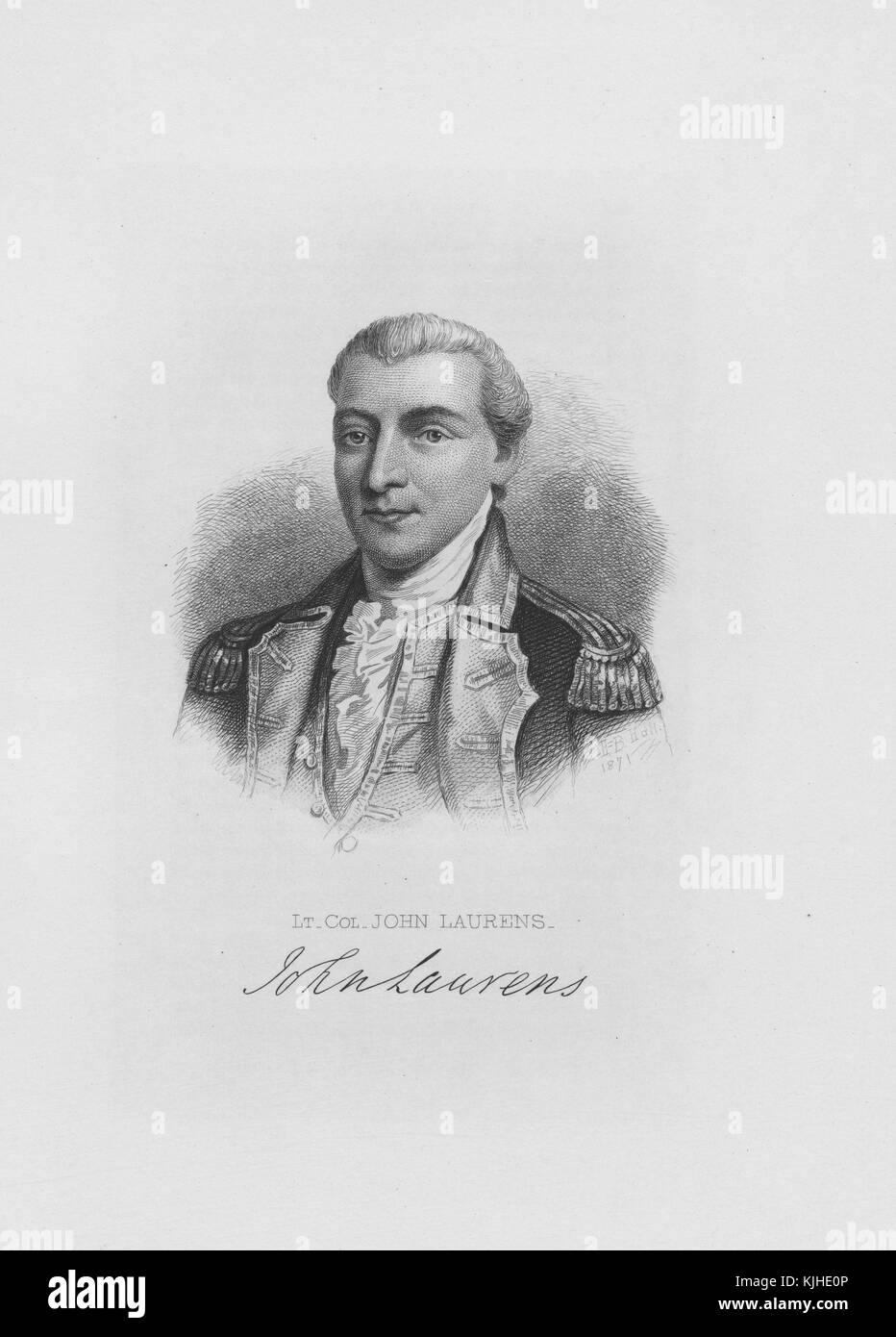 Retrato grabado de John laurens, soldado americano y estadista de Carolina del Sur durante la guerra revolucionaria americana, mejor conocido por sus esfuerzos para ayudar a reclutar esclavos a luchar por su libertad como soldados de Estados Unidos, obtuvo la aprobación del congreso continental en 1779 para contratar una brigada de 3, 000 esclavos por Prometiéndoles libertad en volver para pelear, copian su firma en la parte inferior, Carolina del Sur, 1834. A partir de la biblioteca pública de Nueva York. Foto de stock