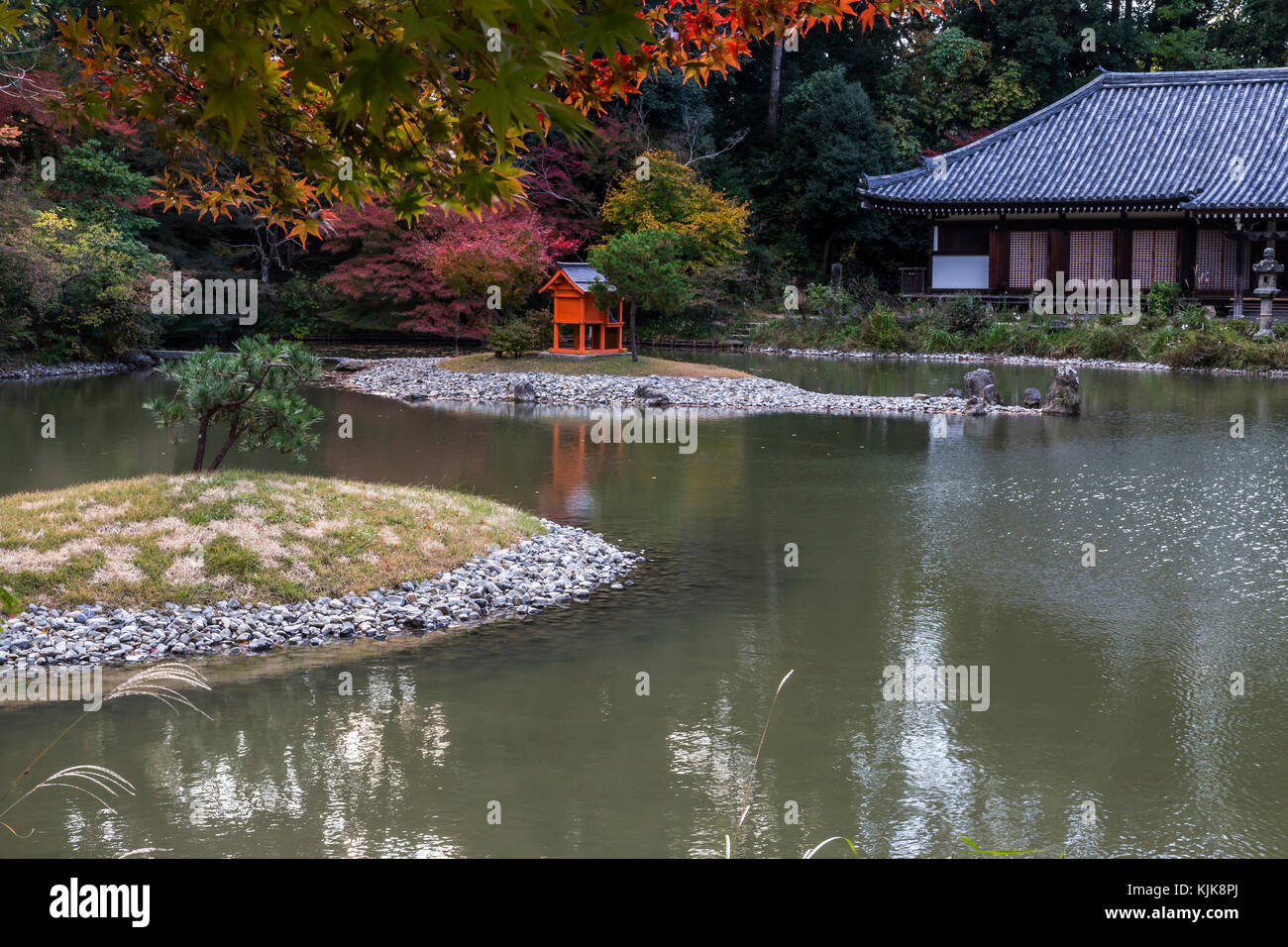 Joruri-ji se encuentra idealmente ubicado en las colinas de Nara y la única existente era Heian Amida Hall con nueve imágenes de amida y los nueve niveles de Foto de stock