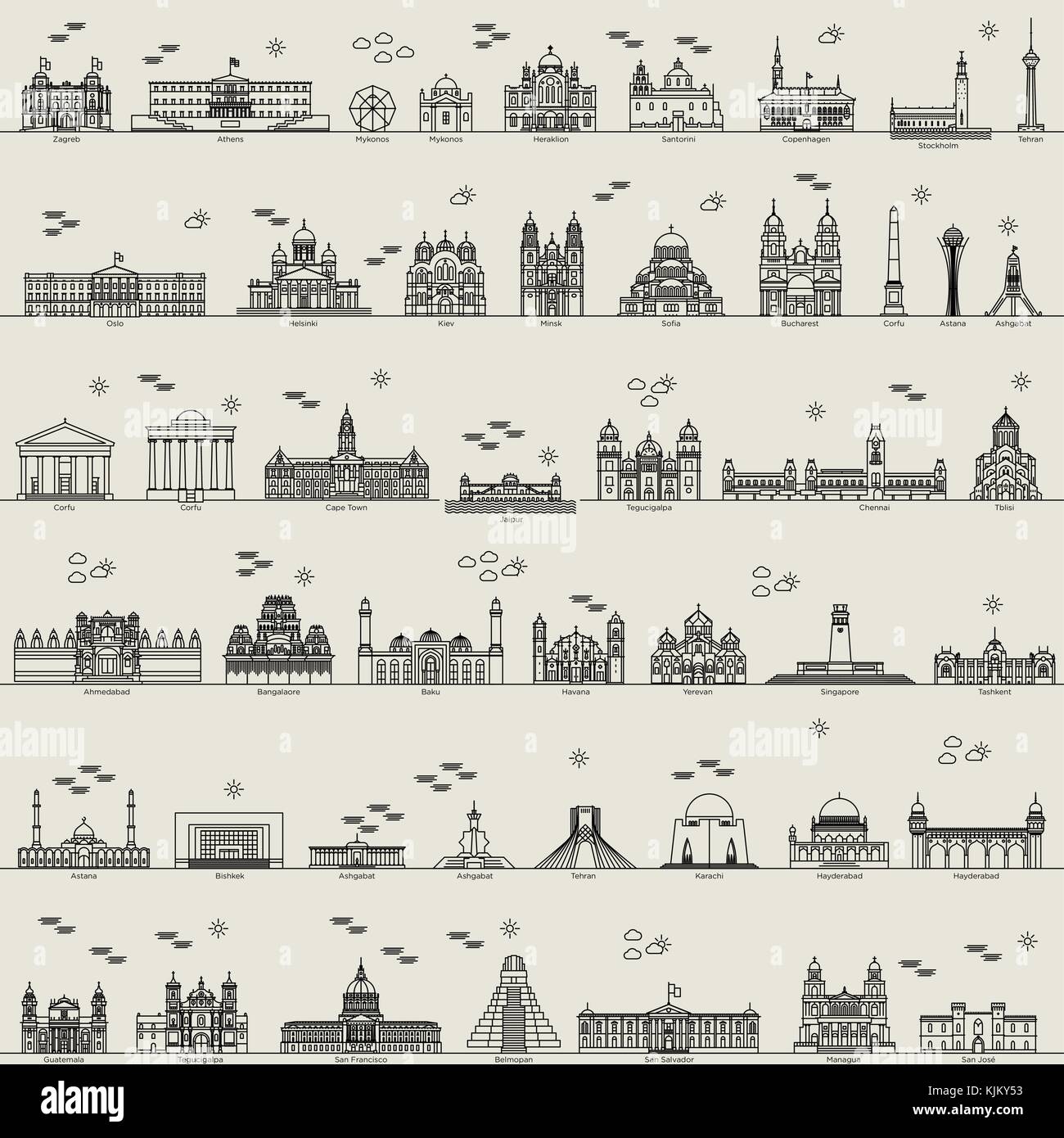 Línea vector ciudad mundial conjunto de colección signo icono Ilustración del Vector