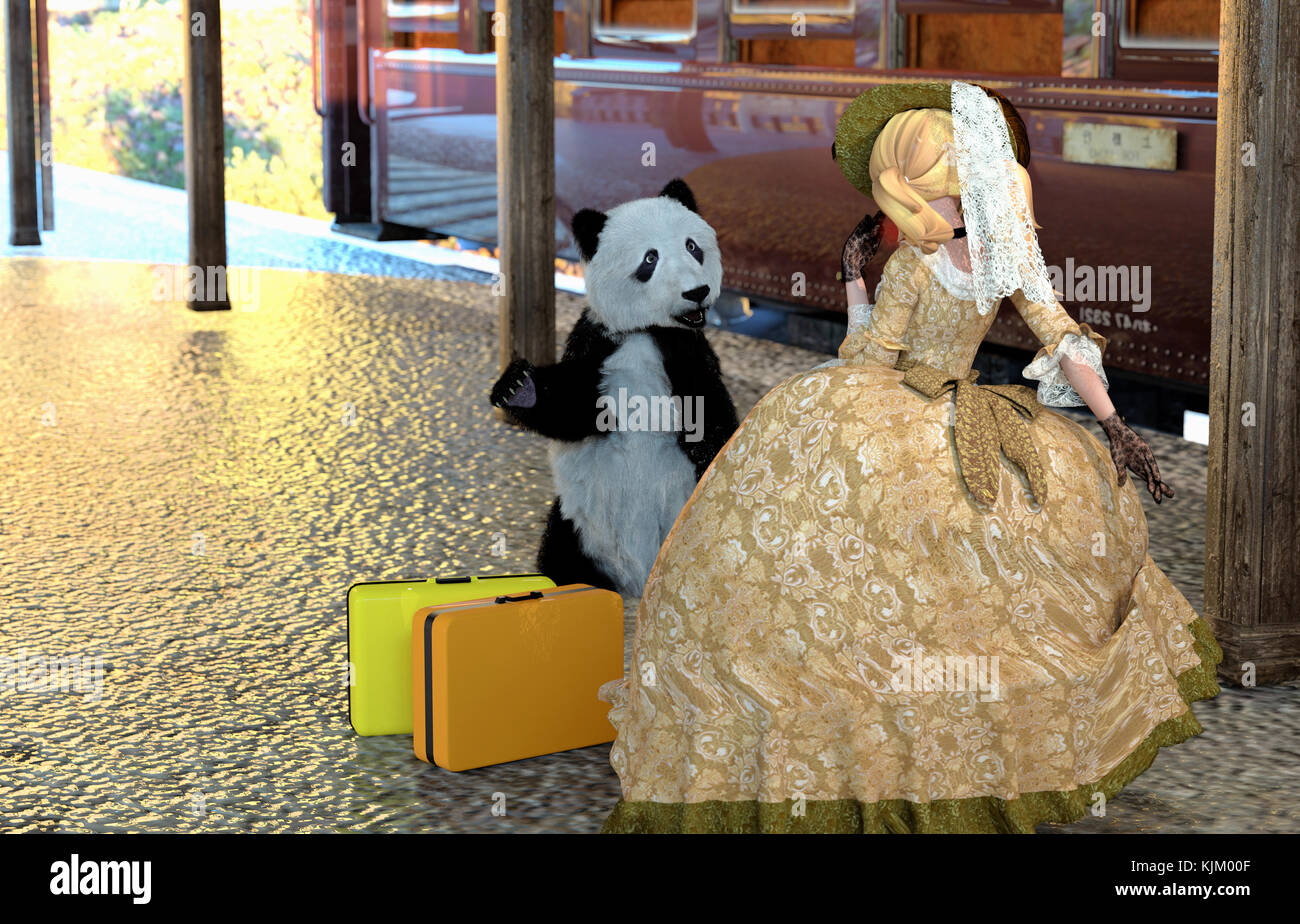 Panda ayudante vino a satisfacer un toon dama que llegó a una estación de tren Foto de stock