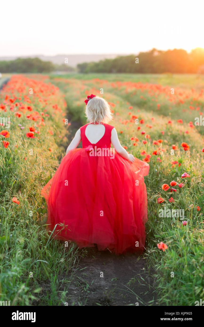 Amapolas, agricultura, producción y Ecología, naturaleza y concepto de verano - Cierre de niña rubia en rojo vestido de vacaciones, ella se mantiene entre las filas de amapola en el campo de Amapolas, agricultura, producción y Ecología, naturaleza y concepto de verano - Cierre de niña rubia en rojo vestido de vacaciones, ella se mantiene entre las filas de amapola en el campo de