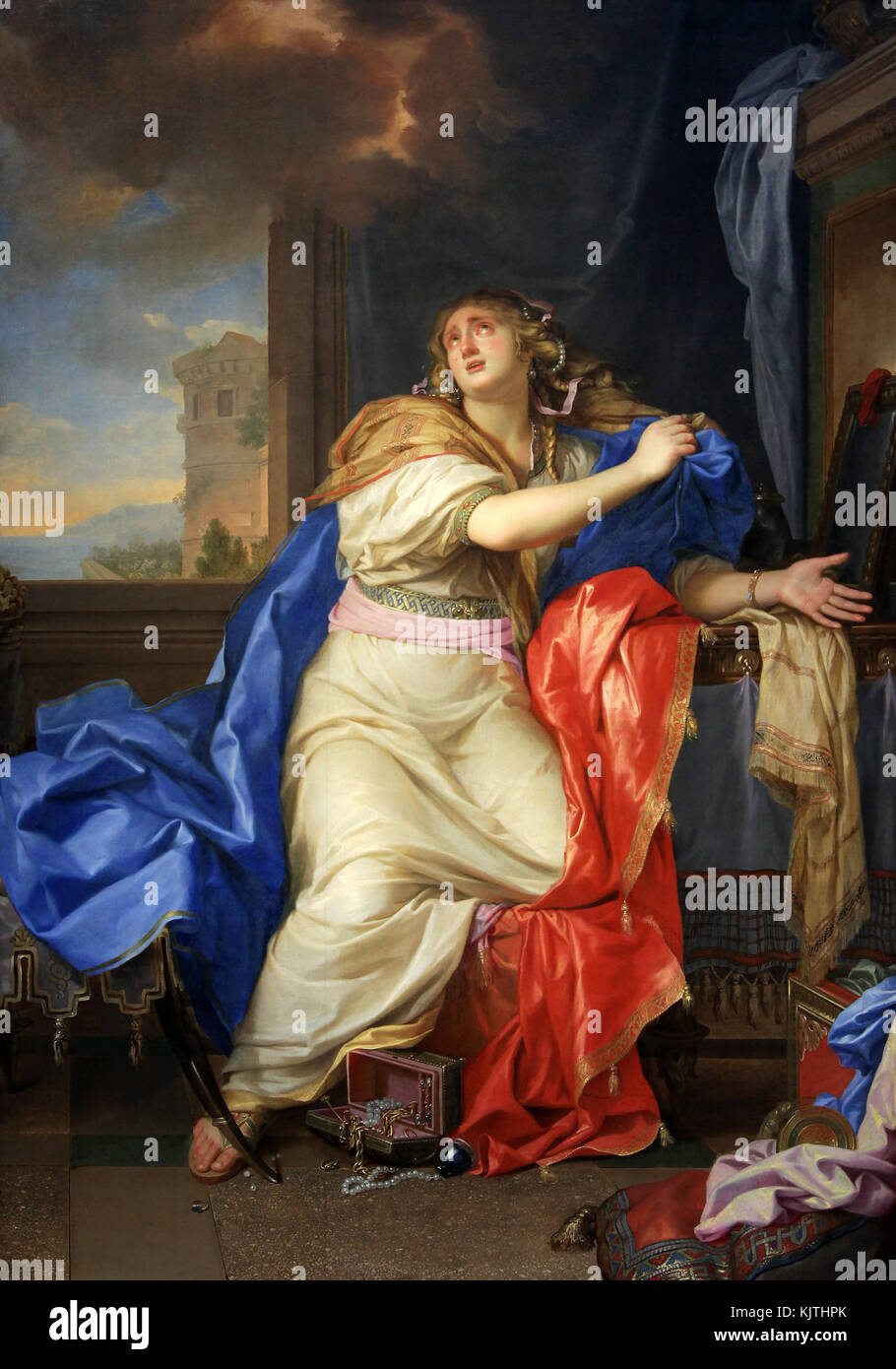 Pintura de Santa María Magdalena renunciando a las vanidades del mundo. Por Charles le Brun 1619-1690 Pintor francés Foto de stock