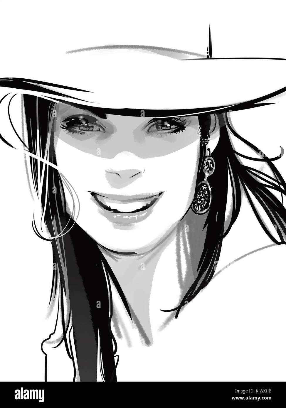 Retrato de joven mujer vistiendo sombrero y sonriendo Foto de stock