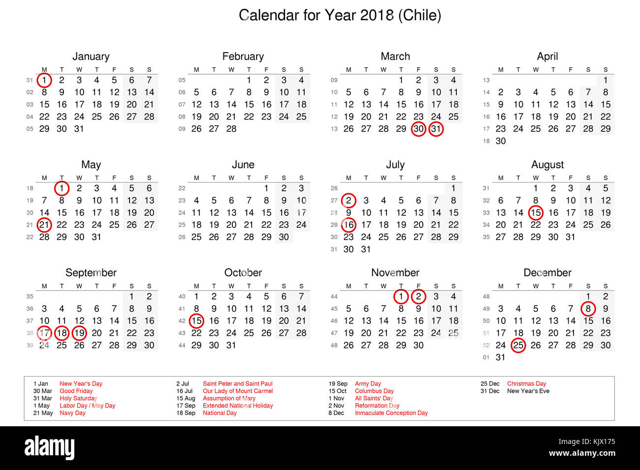 Calendario del año 2018 con festivos y festivos para Chile Fotografía de  stock - Alamy