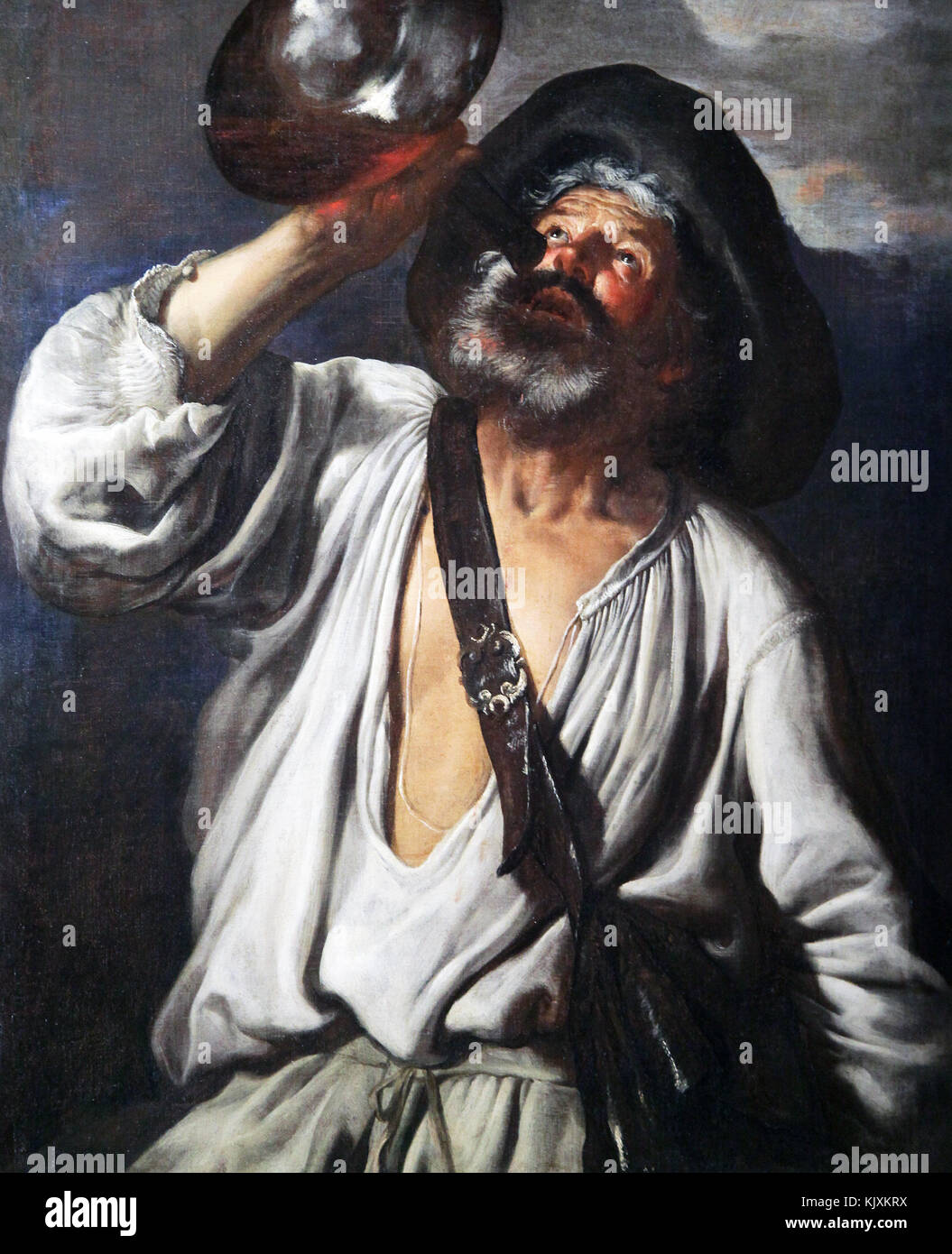 Pintura ;Campesino bebiendo de una calabaza . c. Siglo 1645.17imitación de impresión artística de Caravaggio Foto de stock