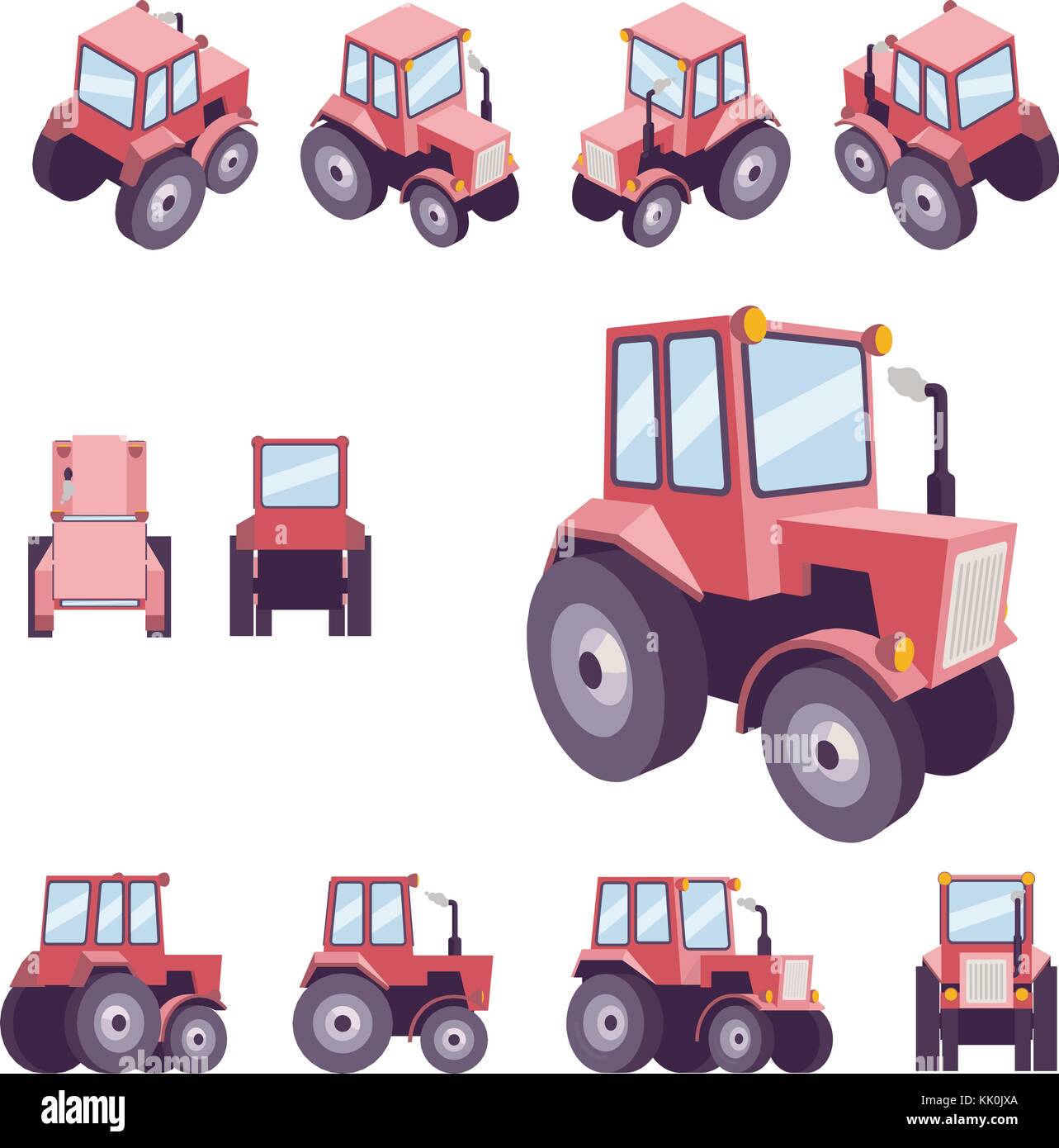 Tractor agrícola rojo, desde ángulos diferentes. vehículo vector plantilla aislado en blanco. Vista frontal, trasera, lateral, superior, isométrico, espalda, perspectiva 3d, baja Ilustración del Vector