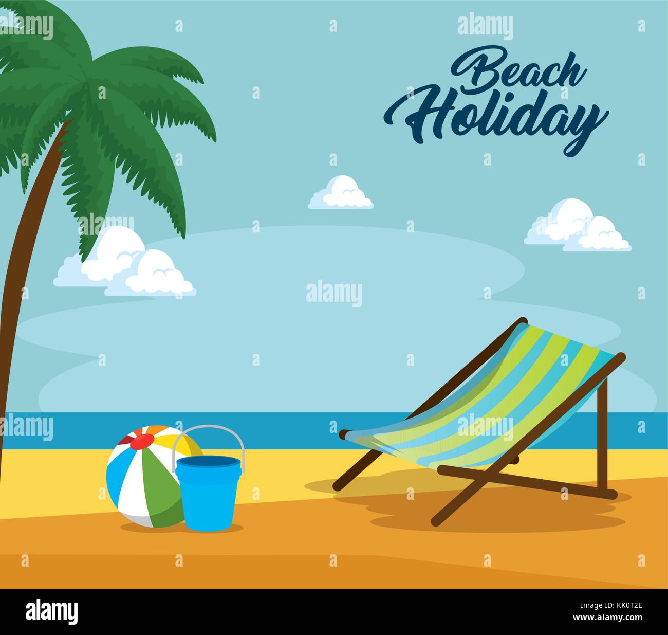 Silla de playa de madera en un paisaje de playa para vacaciones de