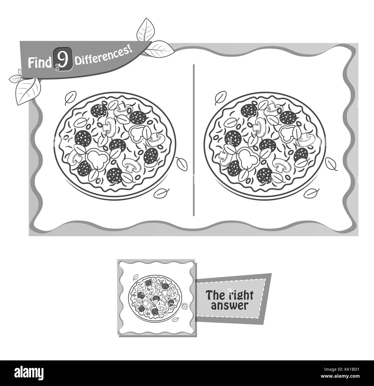 Visual juego para niños y adultos. Tarea para encontrar las 9 diferencias en la ilustración pizza. en blanco y negro ilustración vectorial Ilustración del Vector