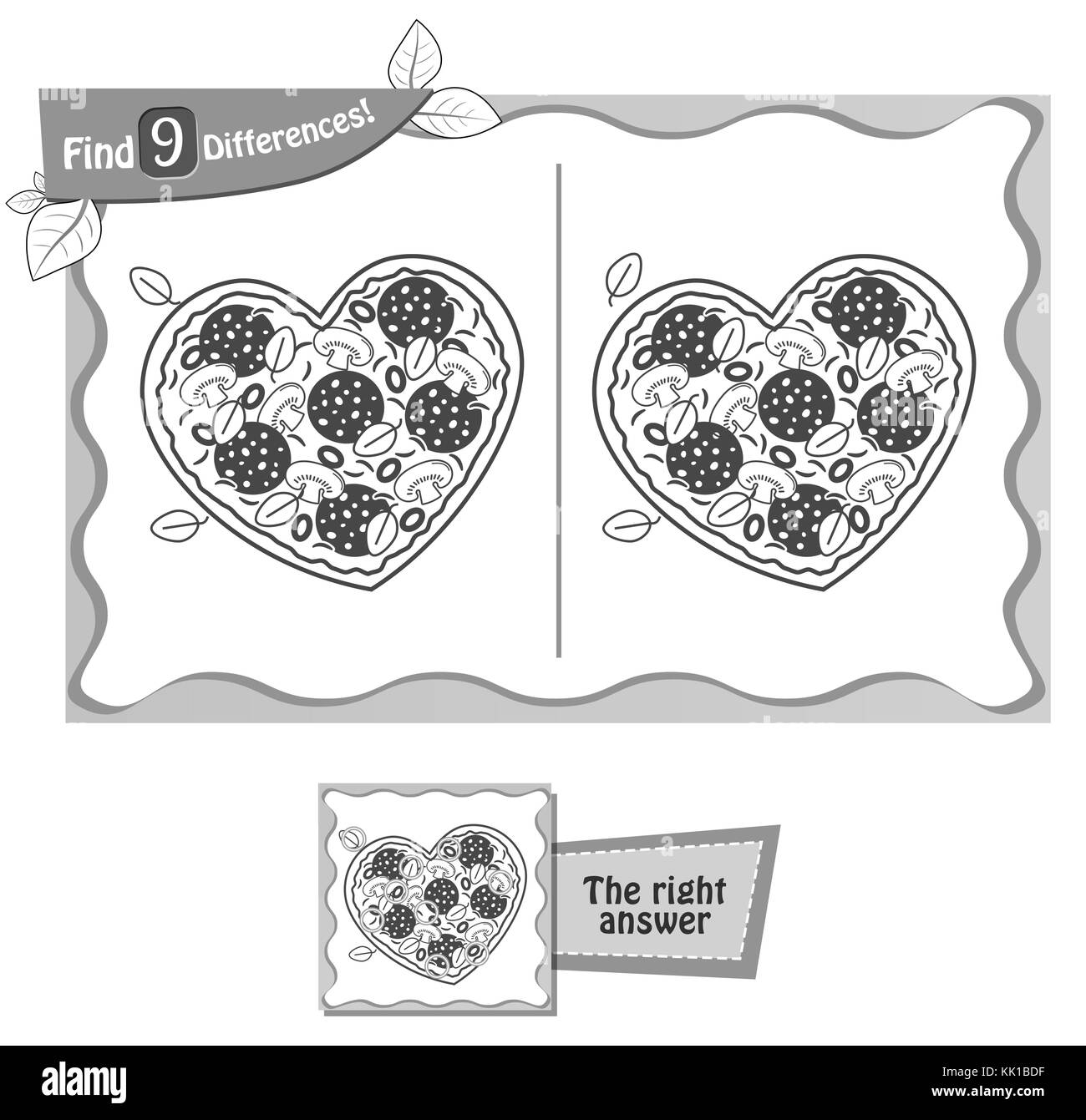 Visual juego para niños y adultos. Tarea para encontrar las 9 diferencias en la ilustración pizza. en blanco y negro ilustración vectorial Ilustración del Vector