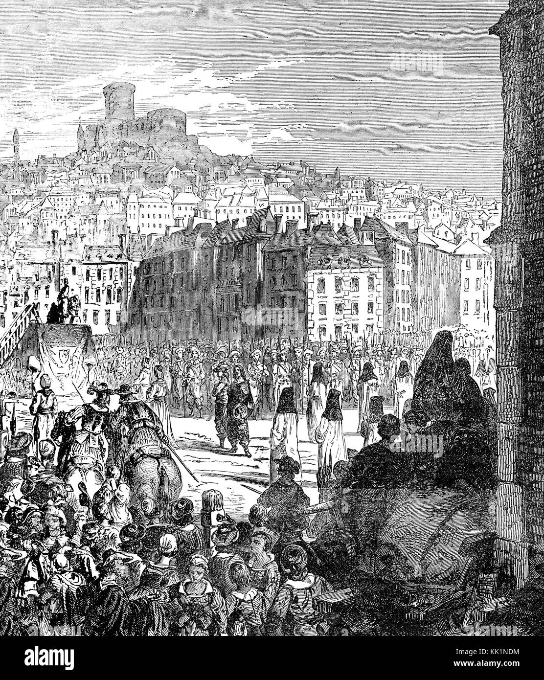 La ejecución de Henri Coiffier de Ruzé, marqués de Cinq-Mars, Place des Terreaux, Lyon, Francia. Foto de stock