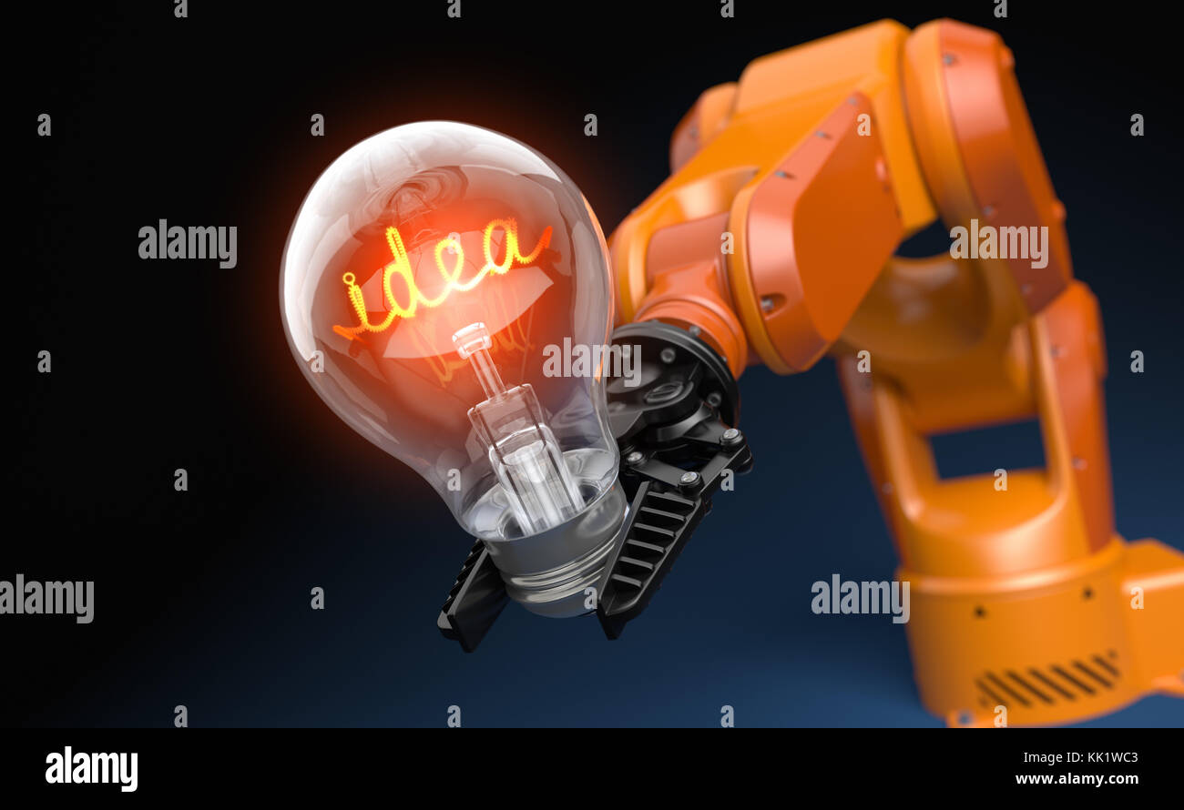 Brazo robot industrial sujetando la bombilla. Ilustración 3d Foto de stock