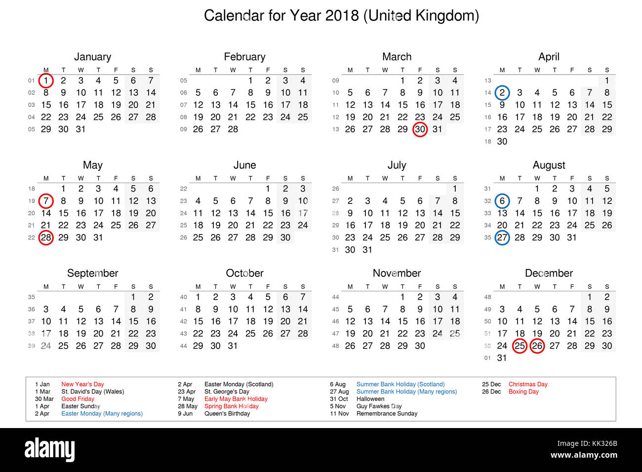Calendario Del Ano 2018 Con Dias Festivos Y Festivos Para El Reino Unido Fotografia De Stock Alamy calendario reino unido