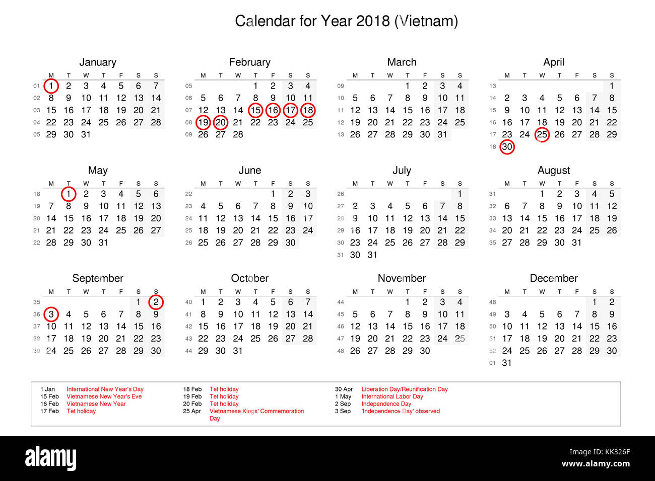 Calendario del año 2018 con días festivos y festivos para Vietnam