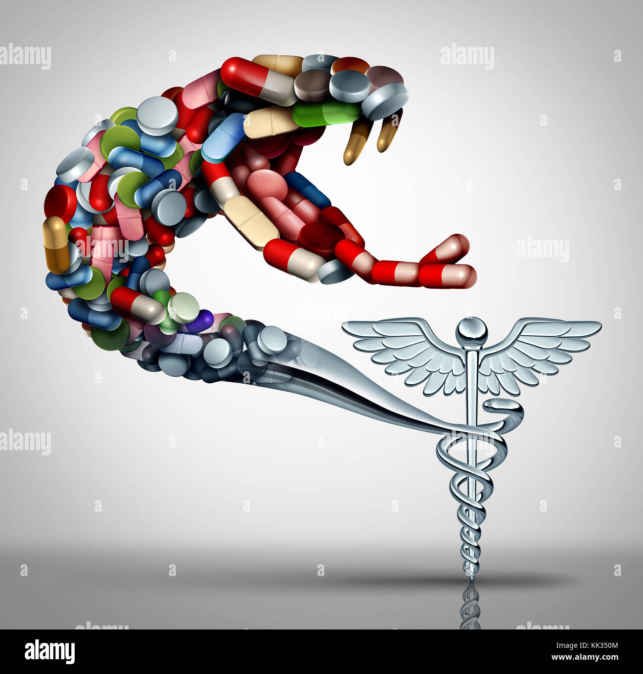Los medicamentos recetados y peligro para la salud del uso indebido de drogas como un tema social concepto de símbolo para la adicción a medicamentos farmacéuticos como un caduceo. Foto de stock