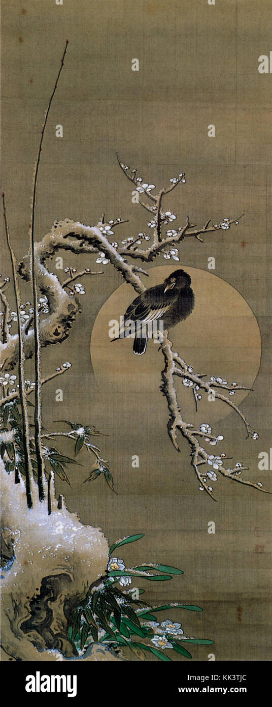 Ciruelo en nieve Ohara Keizan colgando en seda de color de desplazamiento Foto de stock