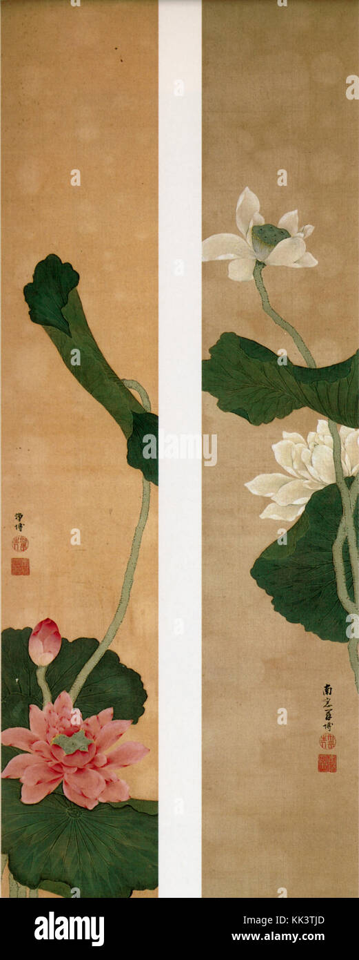 Rojo y Blanco Lotus Kakutei emparejado pergaminos colgantes en seda de color Foto de stock