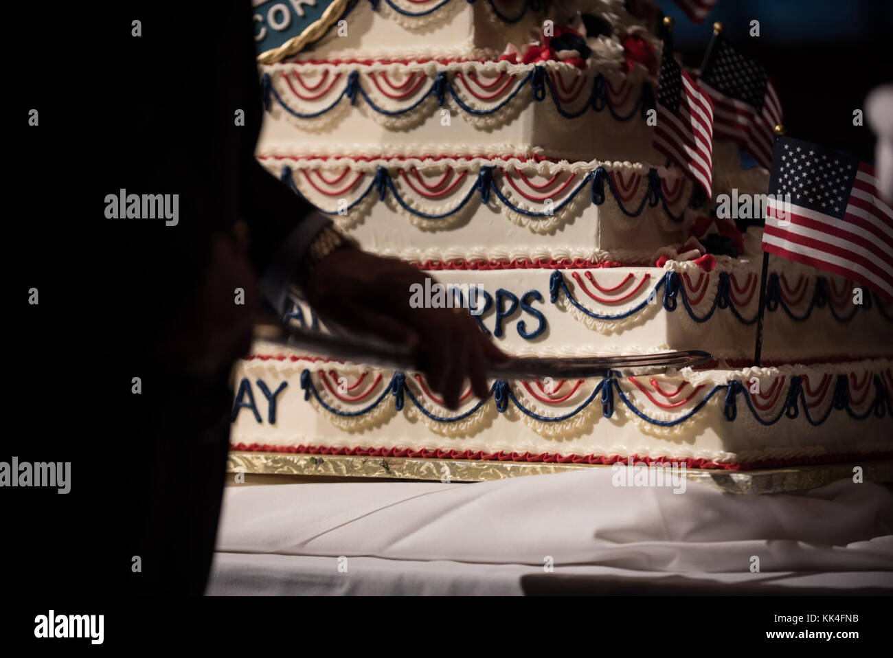 Tom Lyons, fundador y presidente de la sociedad Semper Fi, corta el 242º tarta de cumpleaños durante el semper Fidelis la sociedad de Boston del Cuerpo de Infantería de Marina de EE.UU. Almuerzo de cumpleaños en el Centro de convenciones y exhibiciones de Boston, Massachusetts, el 13 de noviembre, 2017. (DoD foto por el sargento del ejército de EE.UU. James K. McCann) Foto de stock