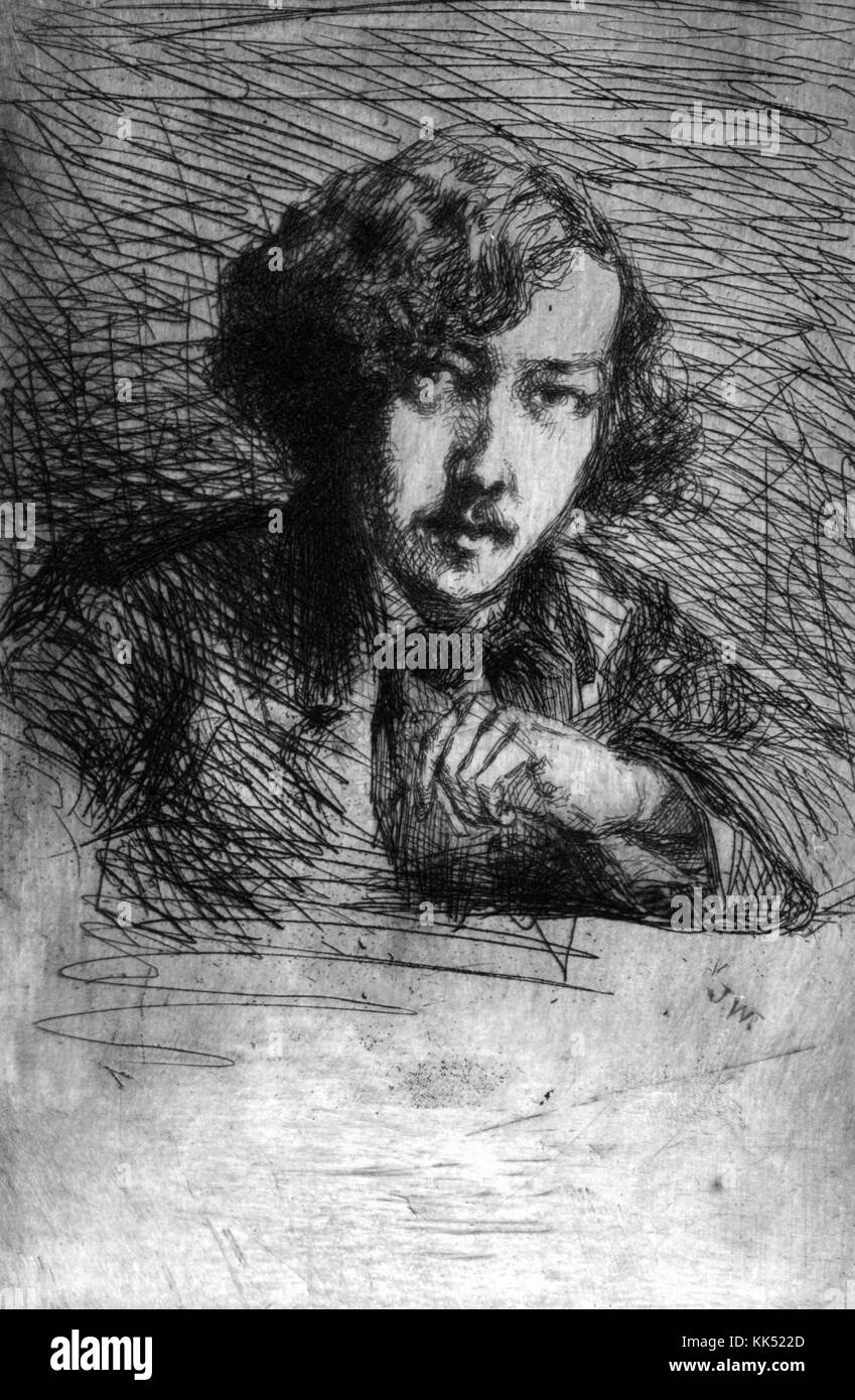 Ilustra un auto-retrato del joven James abbott mcneill whistler, él era un  artista americano nacido activo durante el siglo XIX, fue un vocal defensor  del "arte por el arte", movimiento que cree