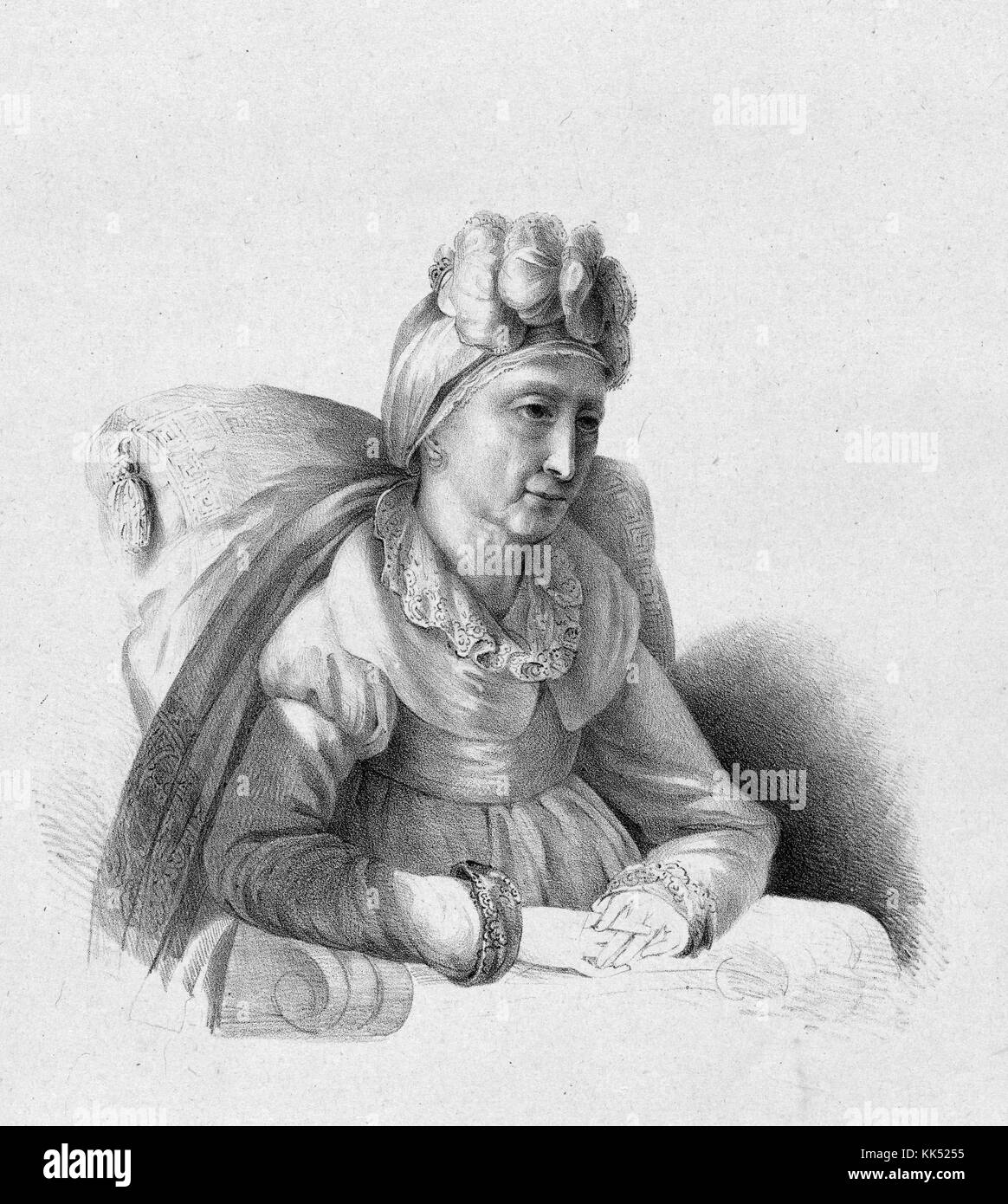 Retrato grabado de Letizia Ramolino, madre de Napoleón Bonaparte, sentado por la Princesa Charlotte Bonaparte, hija de José Bonaparte, el hermano mayor del emperador Napoleón I, 1835. A partir de la biblioteca pública de Nueva York. Foto de stock