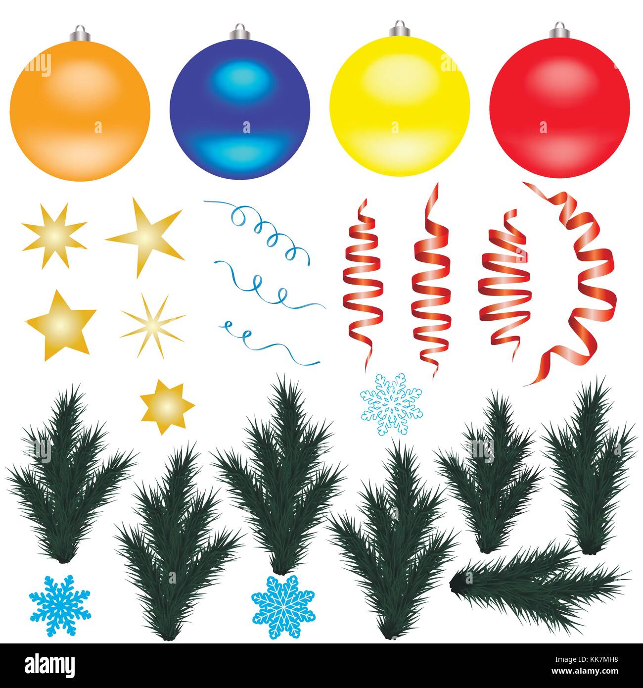 Conjunto de objetos decorativos aislados de invierno - decoraciones  navideñas, cintas rojas, streamers, copos de nieve, estrellas, árboles de  Navidad sobre un fondo blanco Imagen Vector de stock - Alamy