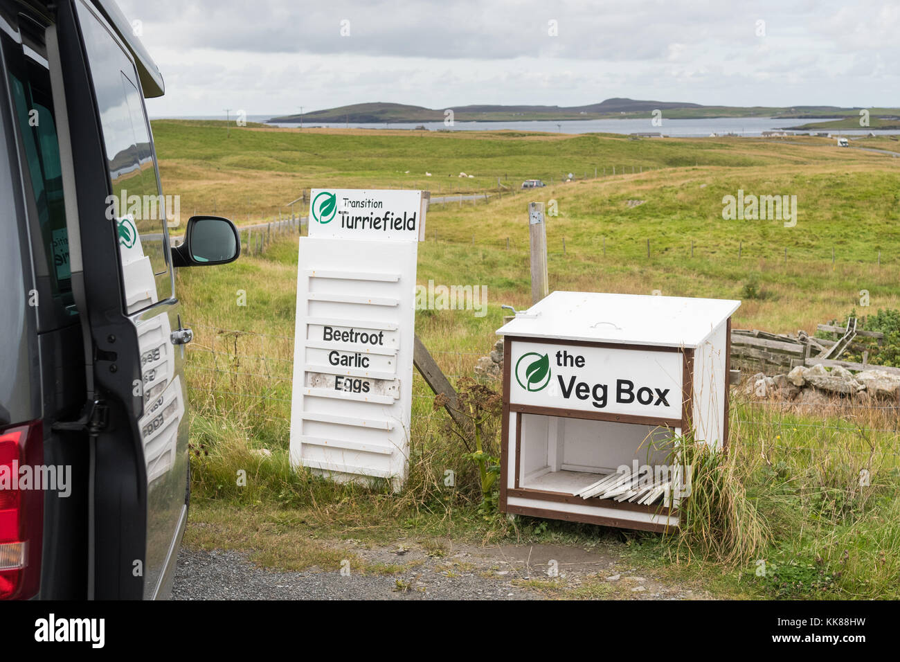 Honestidad Box para los productos agrícolas de croft, Sandness, Islas Shetland (Escocia, Reino Unido) Foto de stock