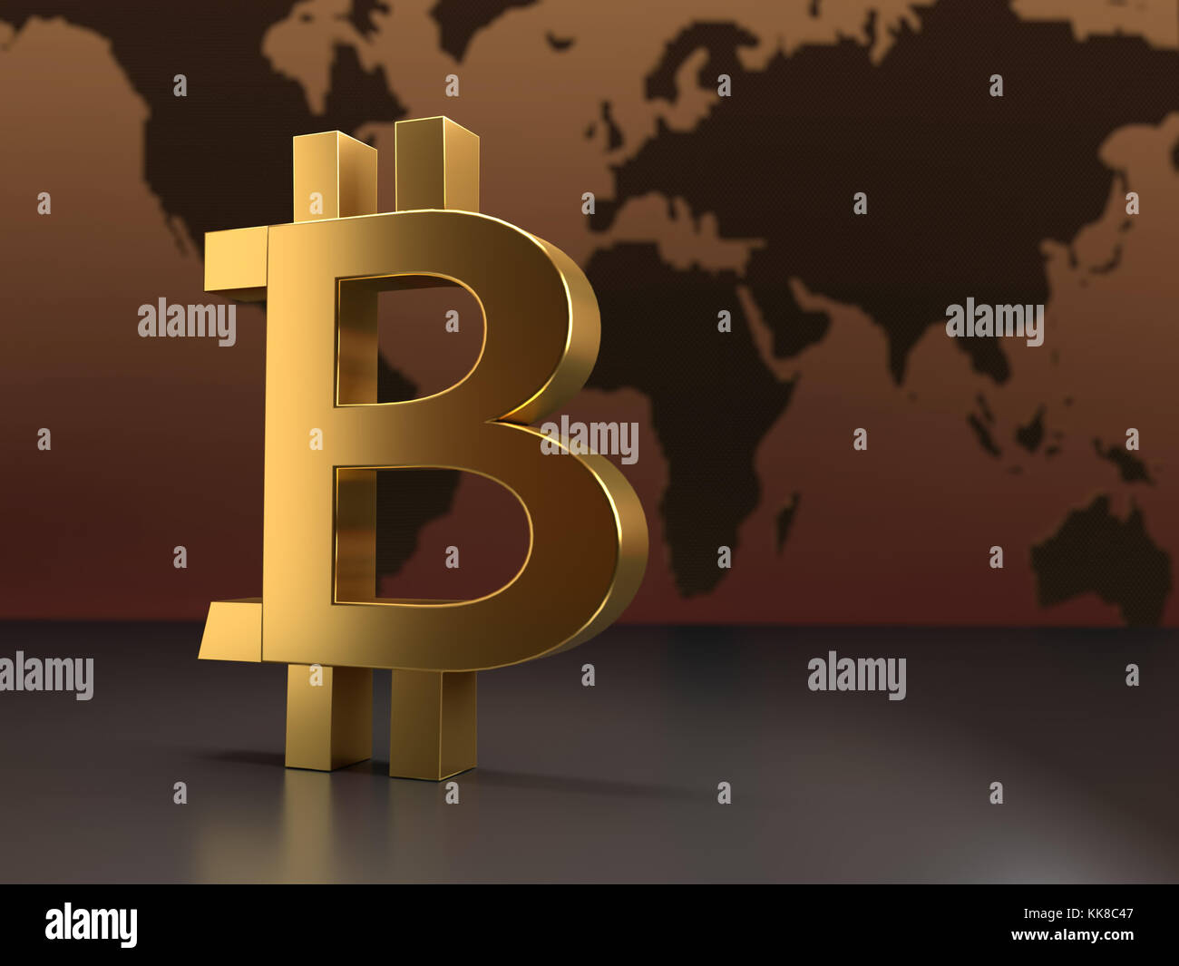 3D rendering de oro símbolo bitcoin contra mapa del mundo Foto de stock