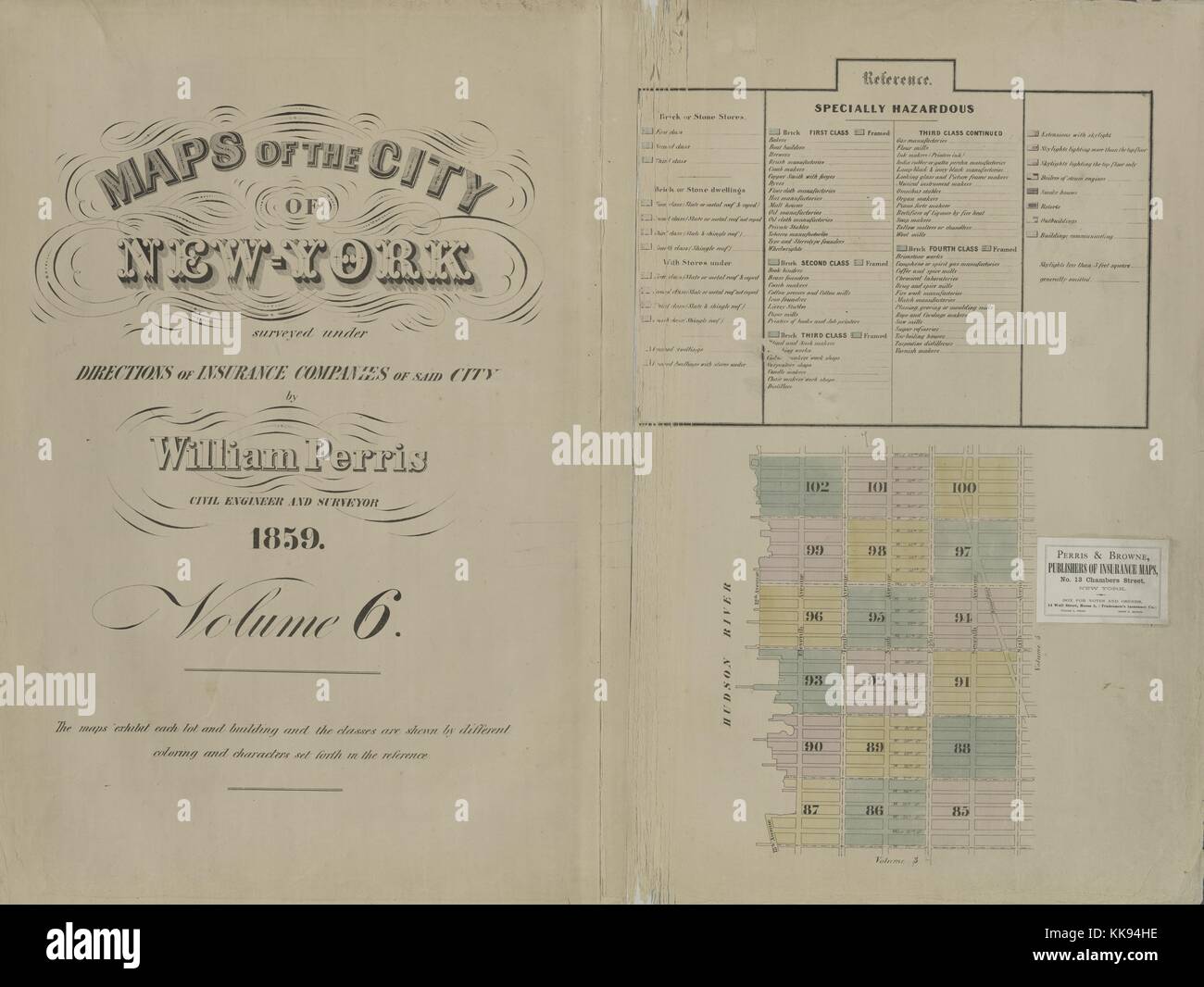 Grabado de la imagen de mapa de un atlas, con el original título leyendo 'Volumen 6 Mapa Índice', la ciudad de Nueva York, Nueva York, 1859. Desde la Biblioteca Pública de Nueva York. Foto de stock