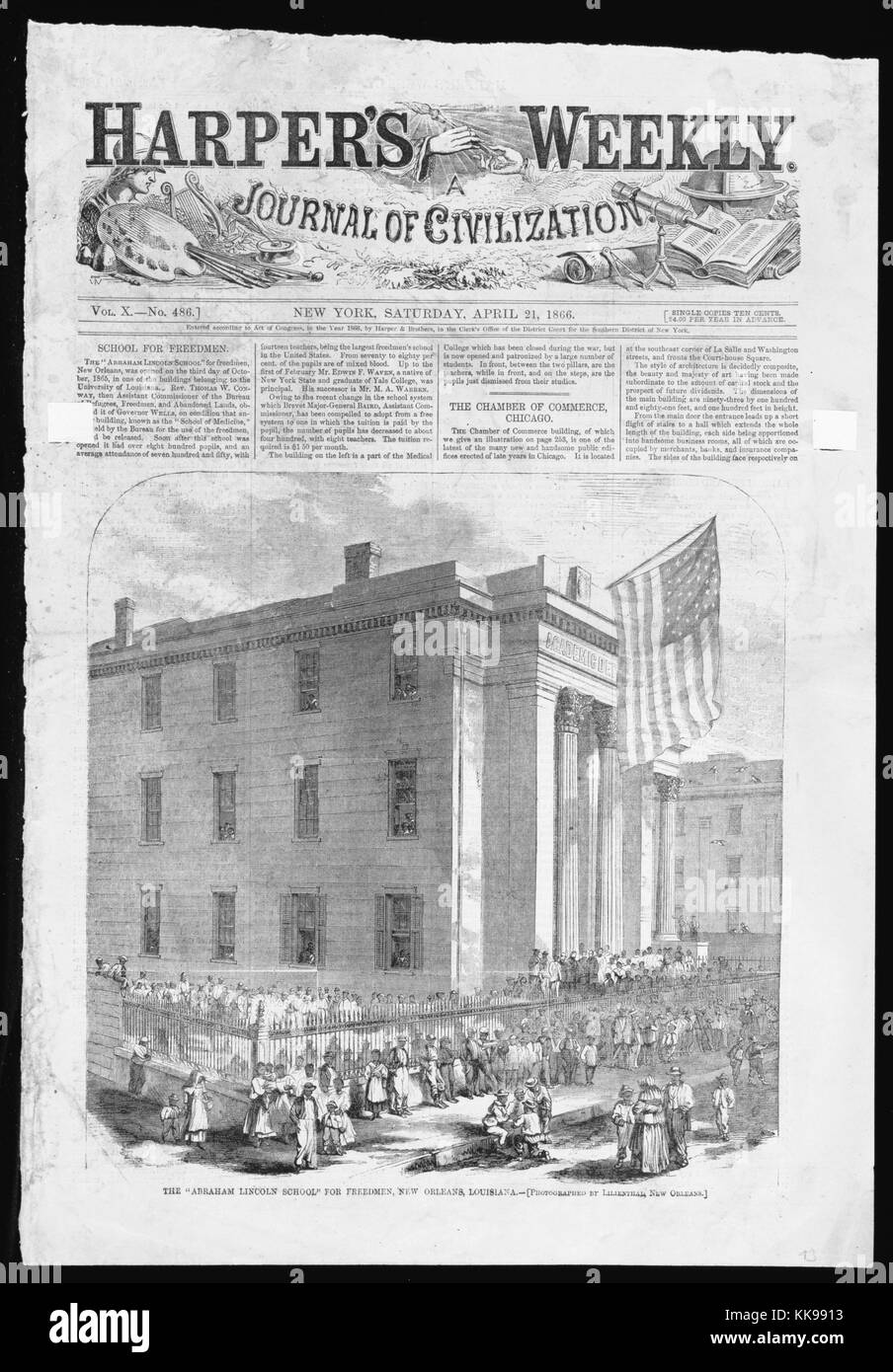 La portada de la edición de 1866 de Harper's Weekly, esta cuestión presenta una portada y una gran ilustración de la escuela Abraham Lincoln para libertos, el edificio fue previamente la Escuela de Medicina de la Universidad de Luisiana y fue hecho disponible para la educación de los esclavos liberados, rápidamente se convirtió en la mayor escuela de libertos en los Estados Unidos, Nueva Orleans, Louisiana, 1866. Desde la Biblioteca Pública de Nueva York. Foto de stock