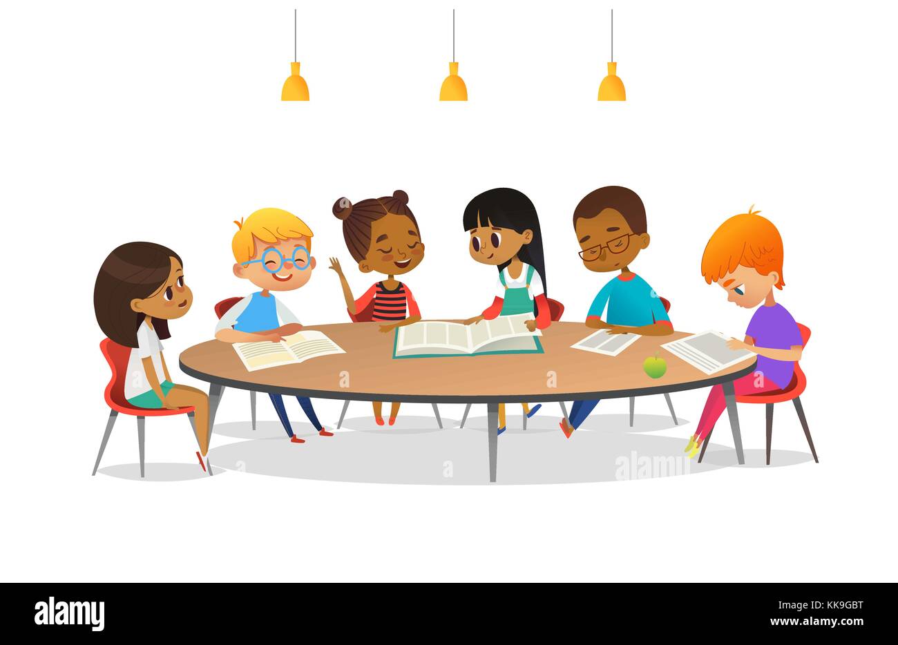 Niños y niñas sentados alrededor de la mesa redonda, estudiar, leer libros  y comentarlos. Los niños conversar el uno con el otro en la biblioteca  escolar. Ilustración vectorial de dibujos animados de