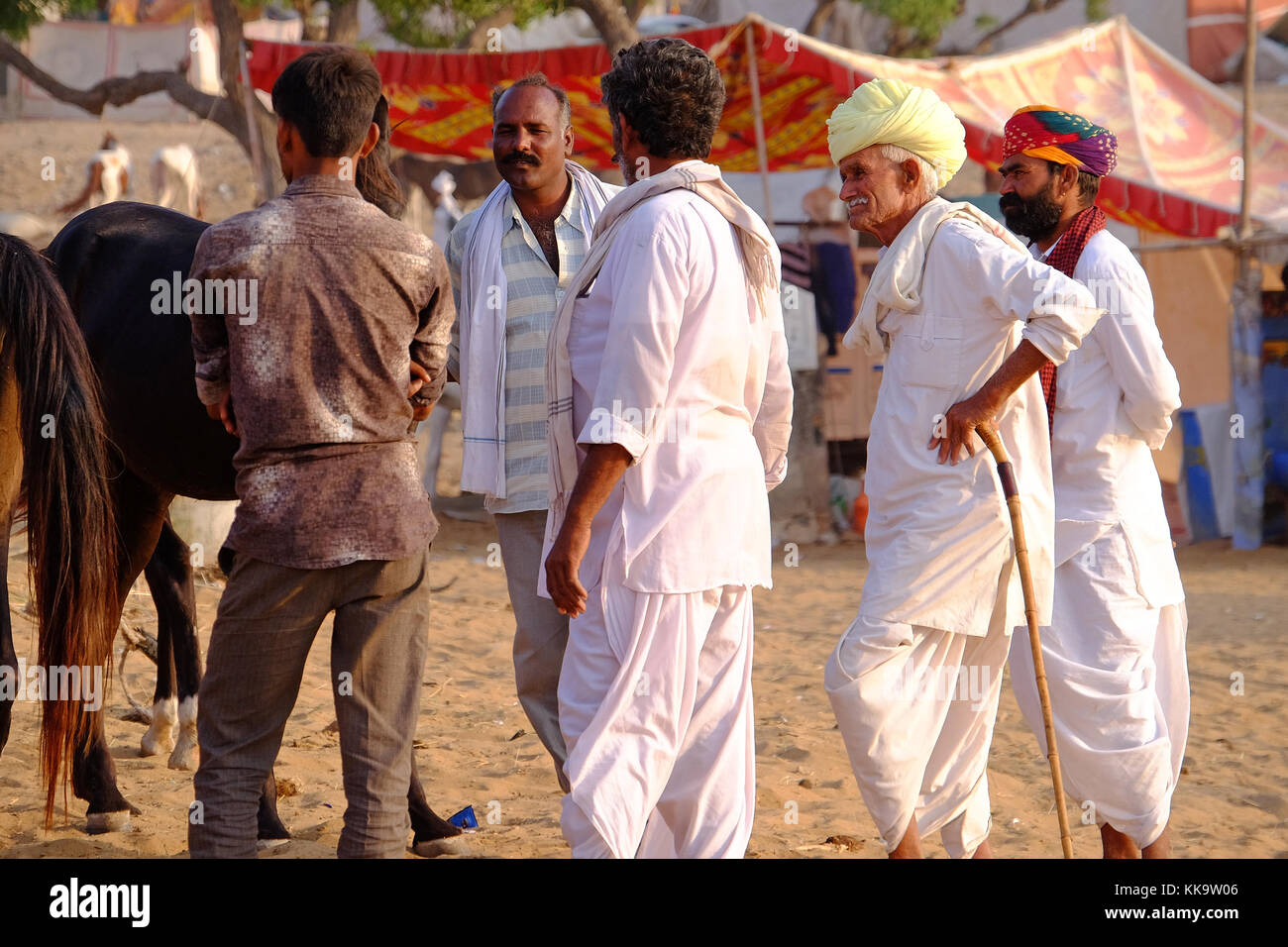 Los comerciantes de caballos en la Feria de Pushkar, Rajastán, India Foto de stock