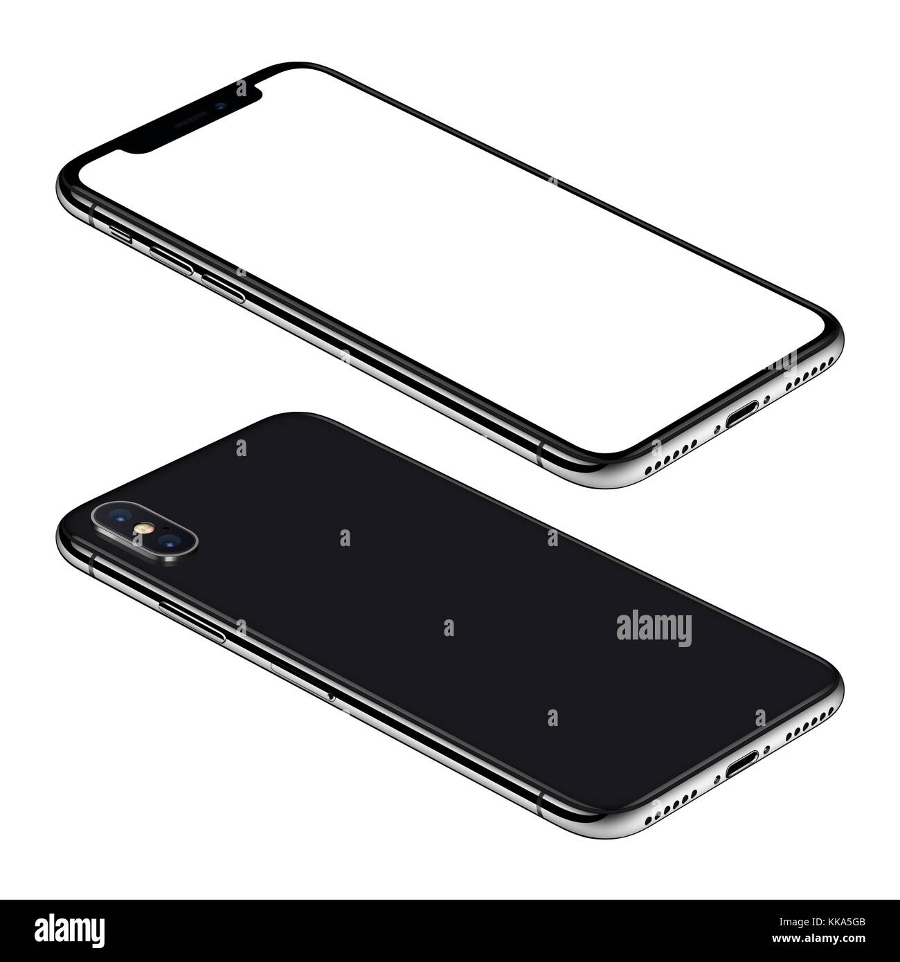 Smartphone negro similar al iPhone X boceto lados frontal y posterior vista  isométrica CCW girada reside en la superficie Fotografía de stock - Alamy