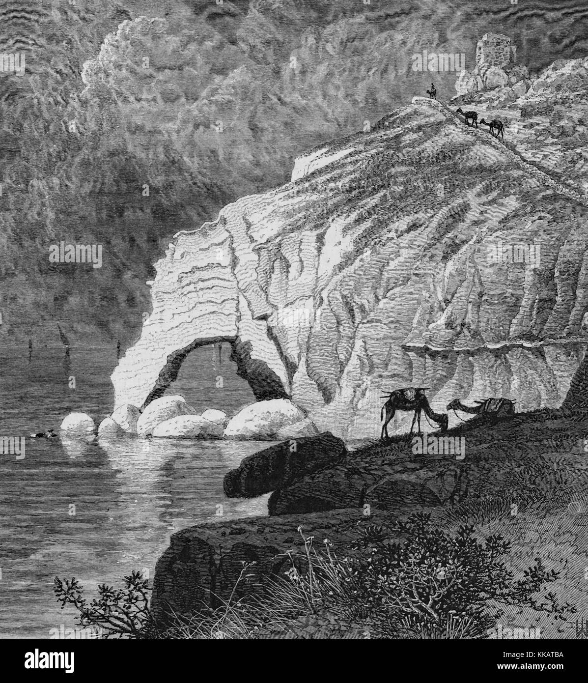 Una representación de la escalera del neumático, una roca cortada carretera que se creía que era el límite norte de la Tierra Santa judía según fuentes talmúdica, Líbano, 1882. Desde la Biblioteca Pública de Nueva York. Foto de stock