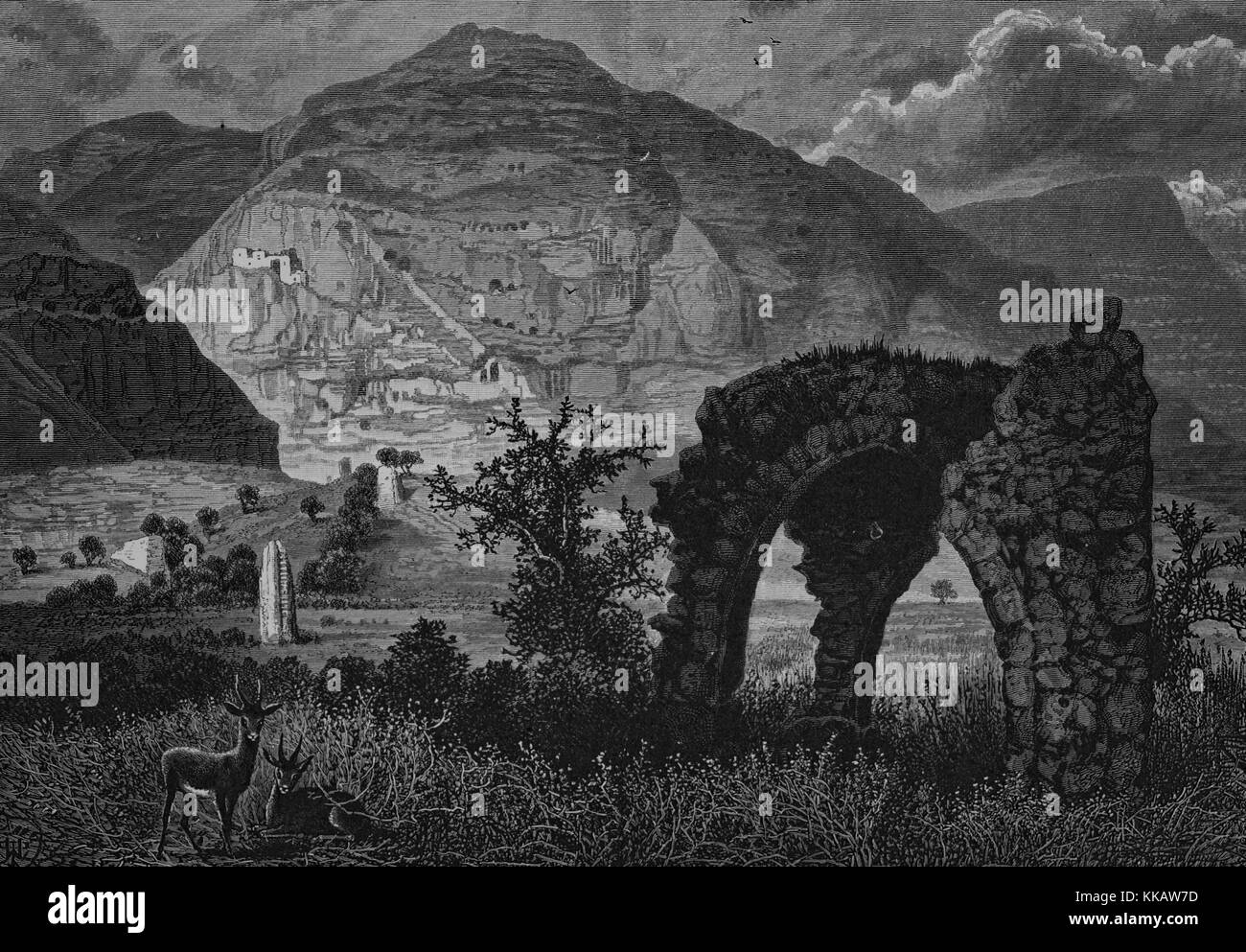 Un grabado que muestra el paisaje que rodea el Monte Quarantania visto desde las ruinas de la antigua ciudad, Jericó, Israel, 1882. Desde la Biblioteca Pública de Nueva York. Foto de stock
