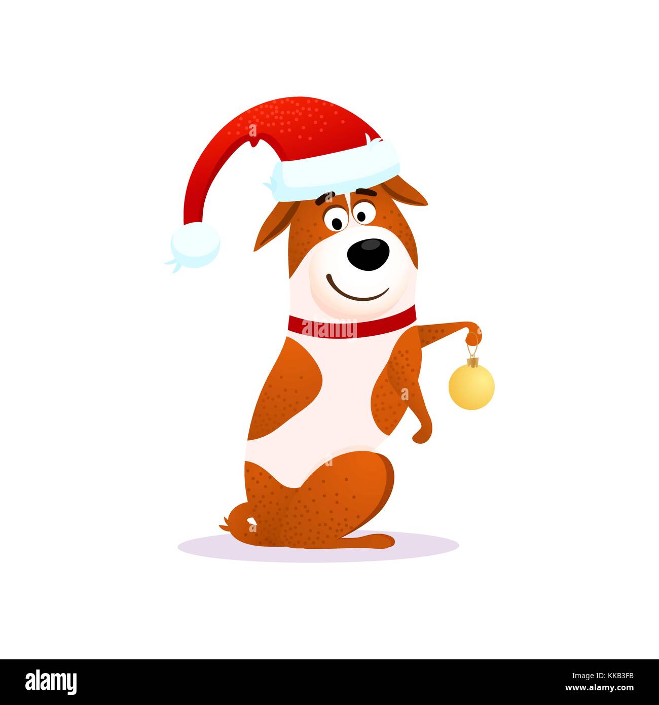 Perro de dibujos animados feliz con decoración navideña. Navidad gracioso  flat character design. Cachorro aislado sobre fondo blanco. Terrier llevar  sombrero rojo de Santa Claus. Navidad o Año Nuevo 2018 ilustración vectorial