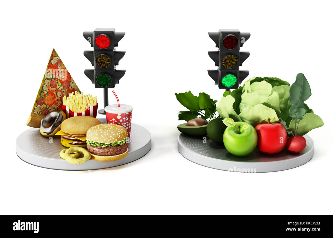 Luz verde para alimentos sanos y luz roja para la comida chatarra. Ilustración 3d. Foto de stock