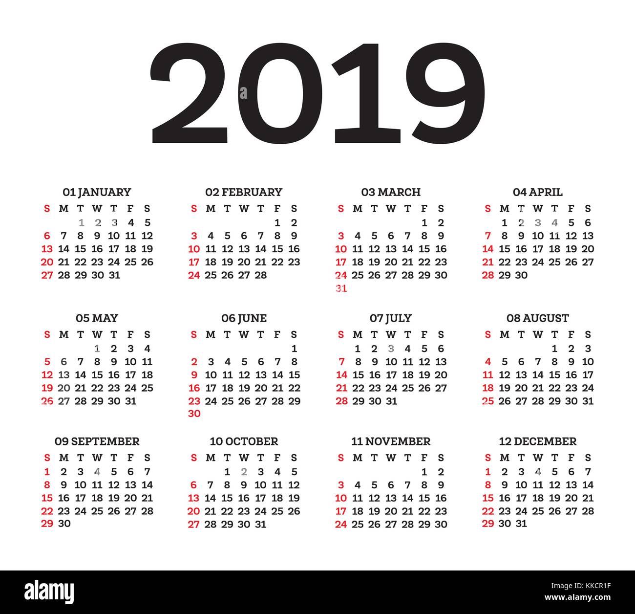 Calendario 2019 aislado sobre fondo blanco. La semana comienza en domingo.  ilustración vectorial Imagen Vector de stock - Alamy