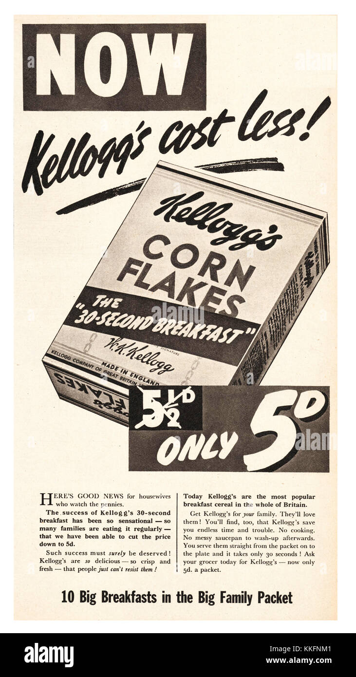 1939 La revista británica Kellogs Cornflakes anuncio Foto de stock