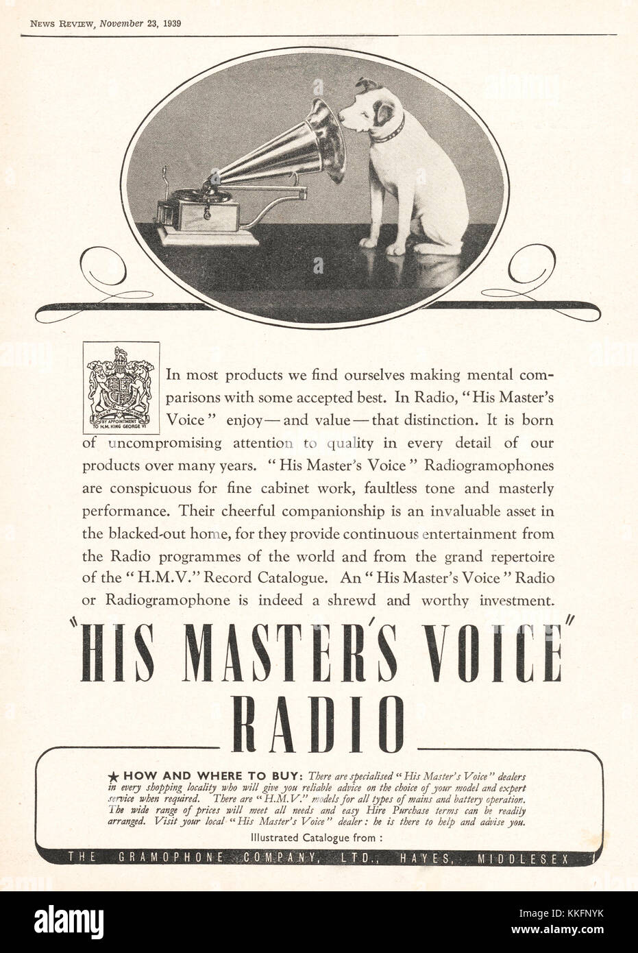 1939 La revista británica Radio la Voz de Su Amo Ad Foto de stock