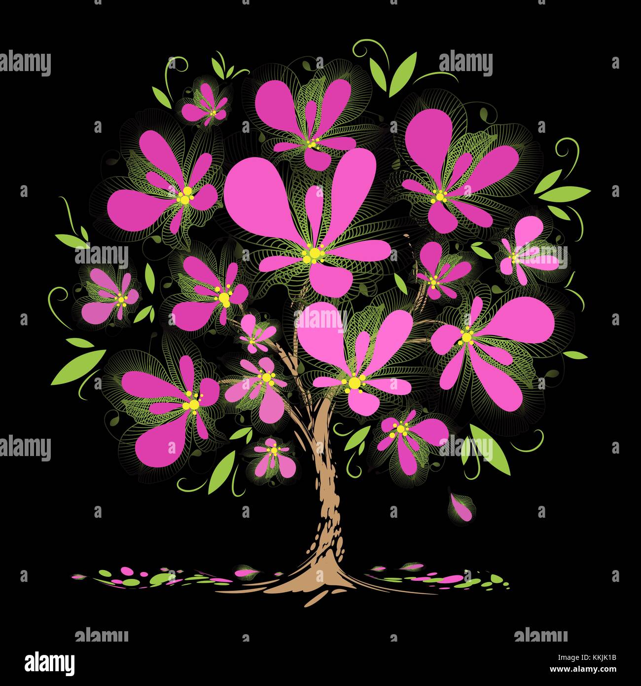Arte florecen los árboles con flores de color rosa sobre fondo negro Ilustración del Vector