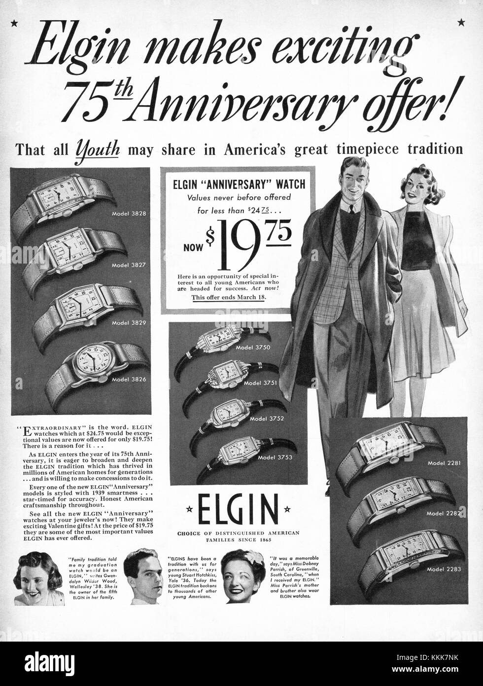 1939 EE.UU. la revista Elgin Relojes anuncio Foto de stock