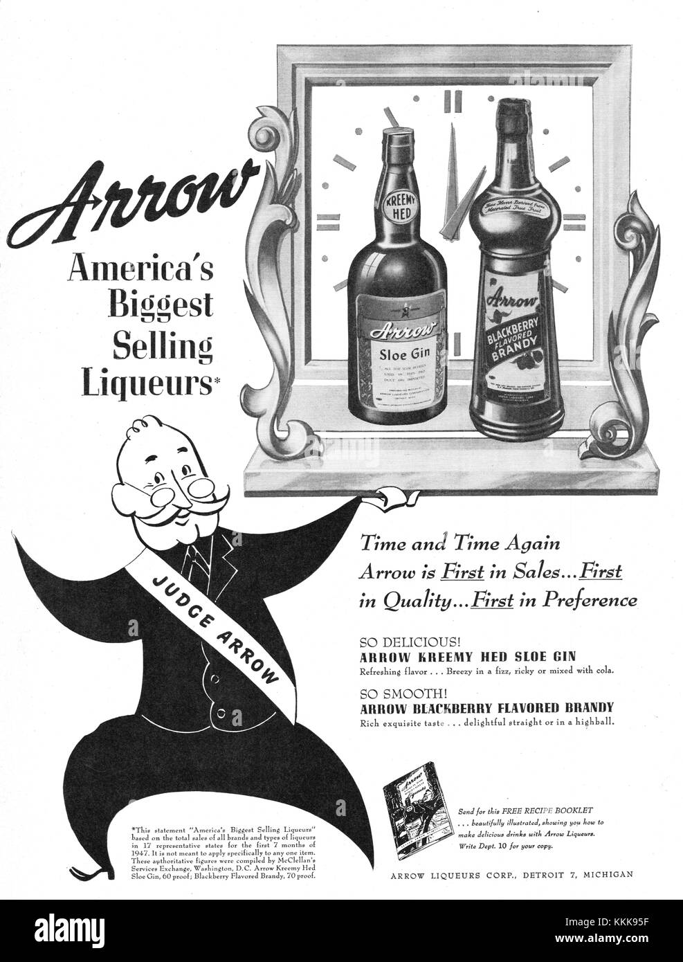 1947 EE.UU. la revista flecha licores anuncio Foto de stock