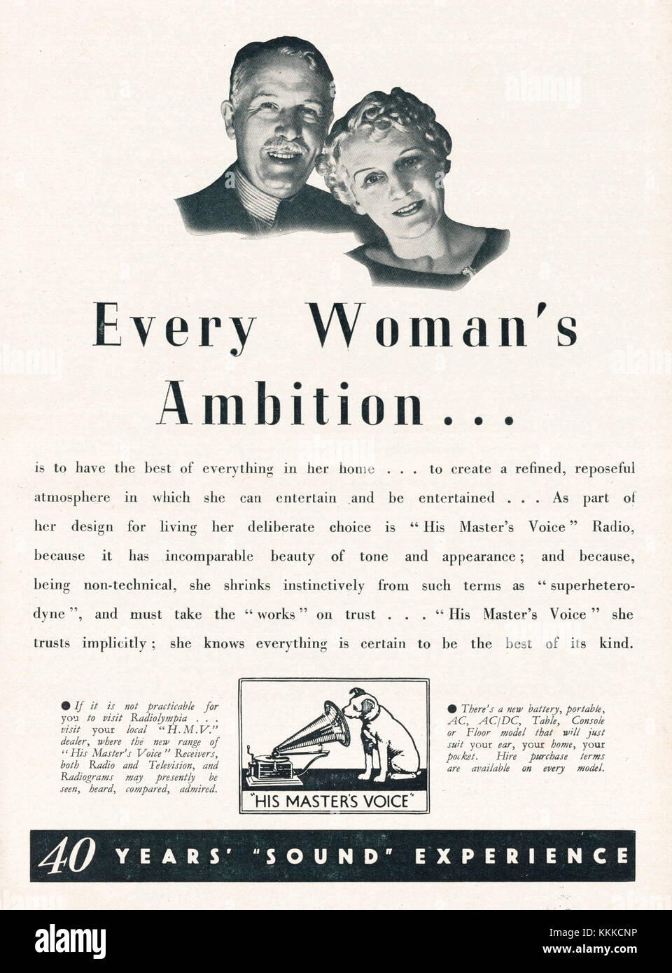 1938 La revista británica la voz del amo Tocadiscos Ad Foto de stock